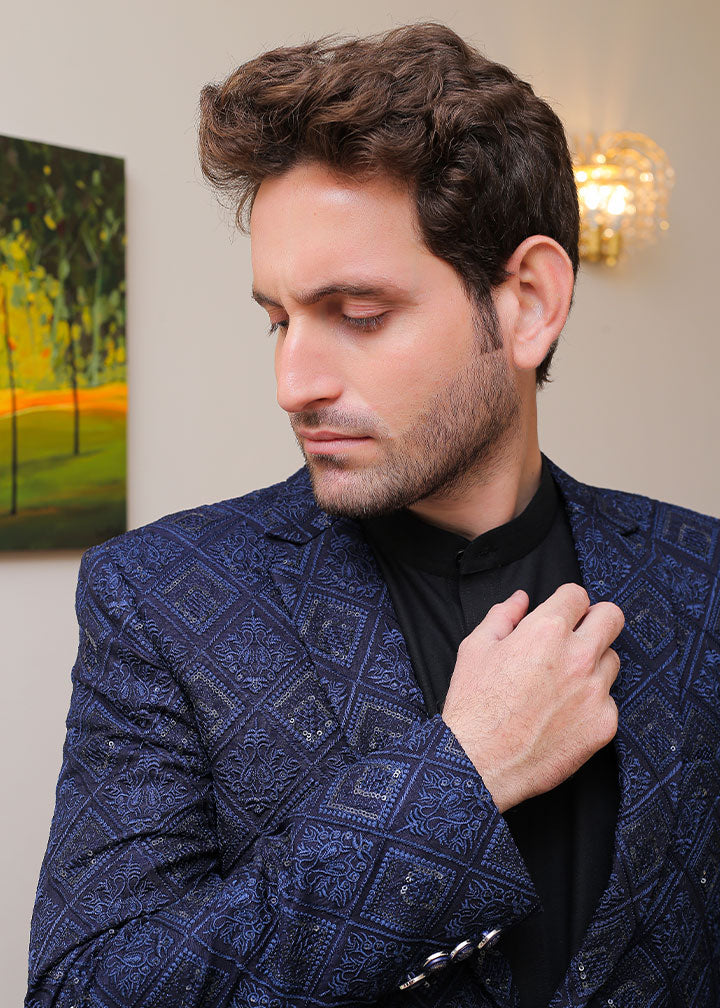 banarsi silk Prince Coat in Navy blue