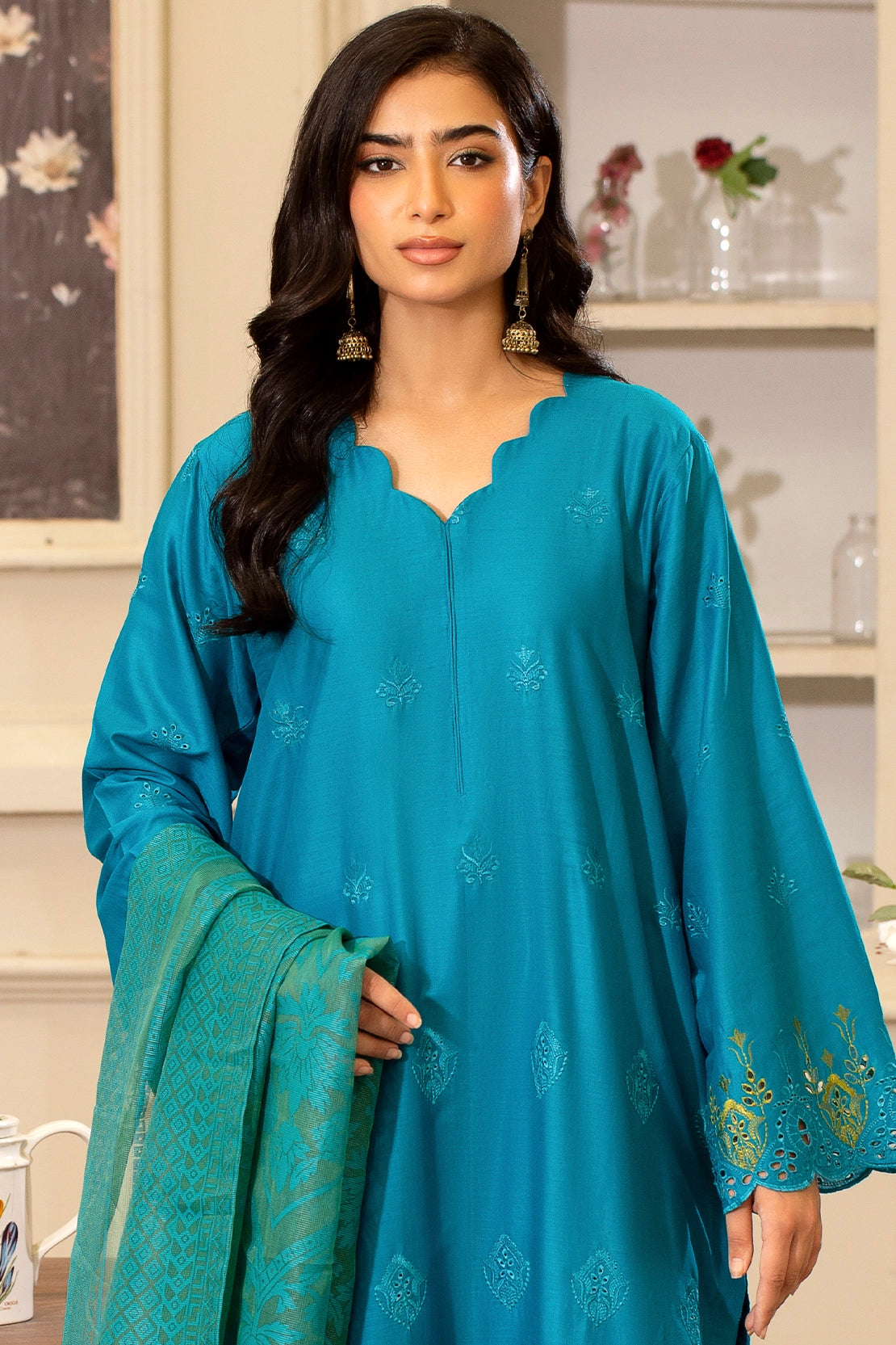 zari lawn Unstitched in Dark cyan