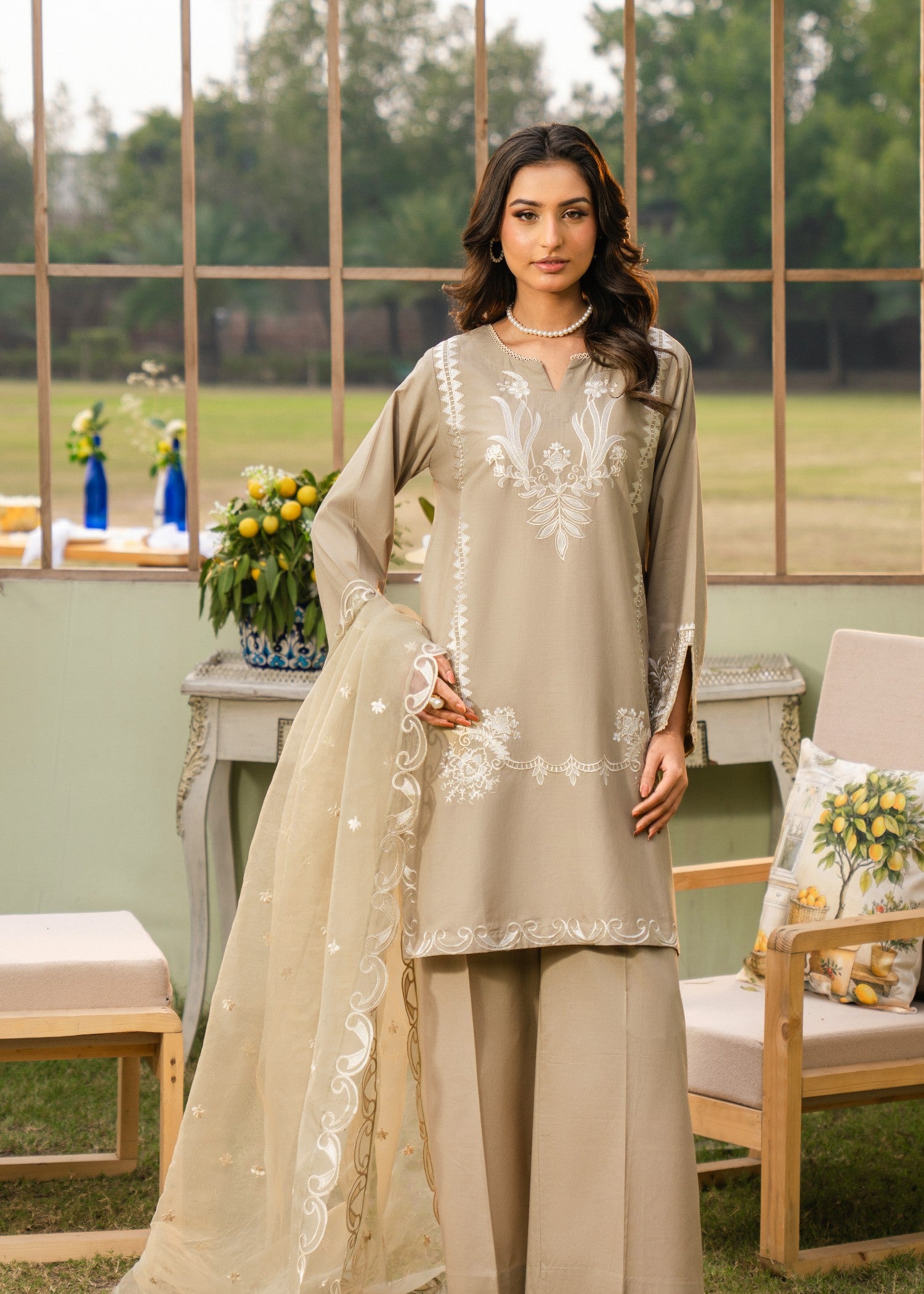 lawn Kurta Set in Khaki brown, seashell