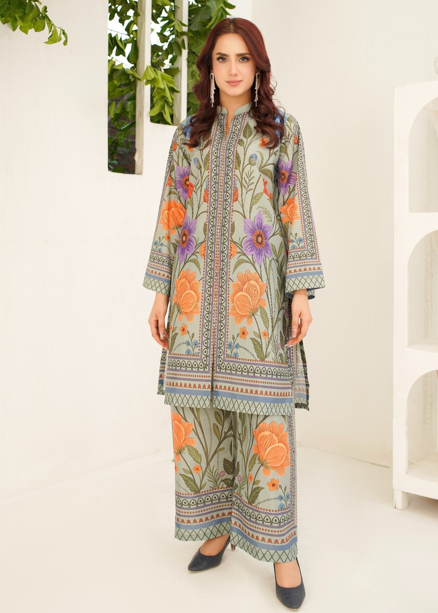 polyester crepe Co Ord Sets in Pastel green, pastel grey