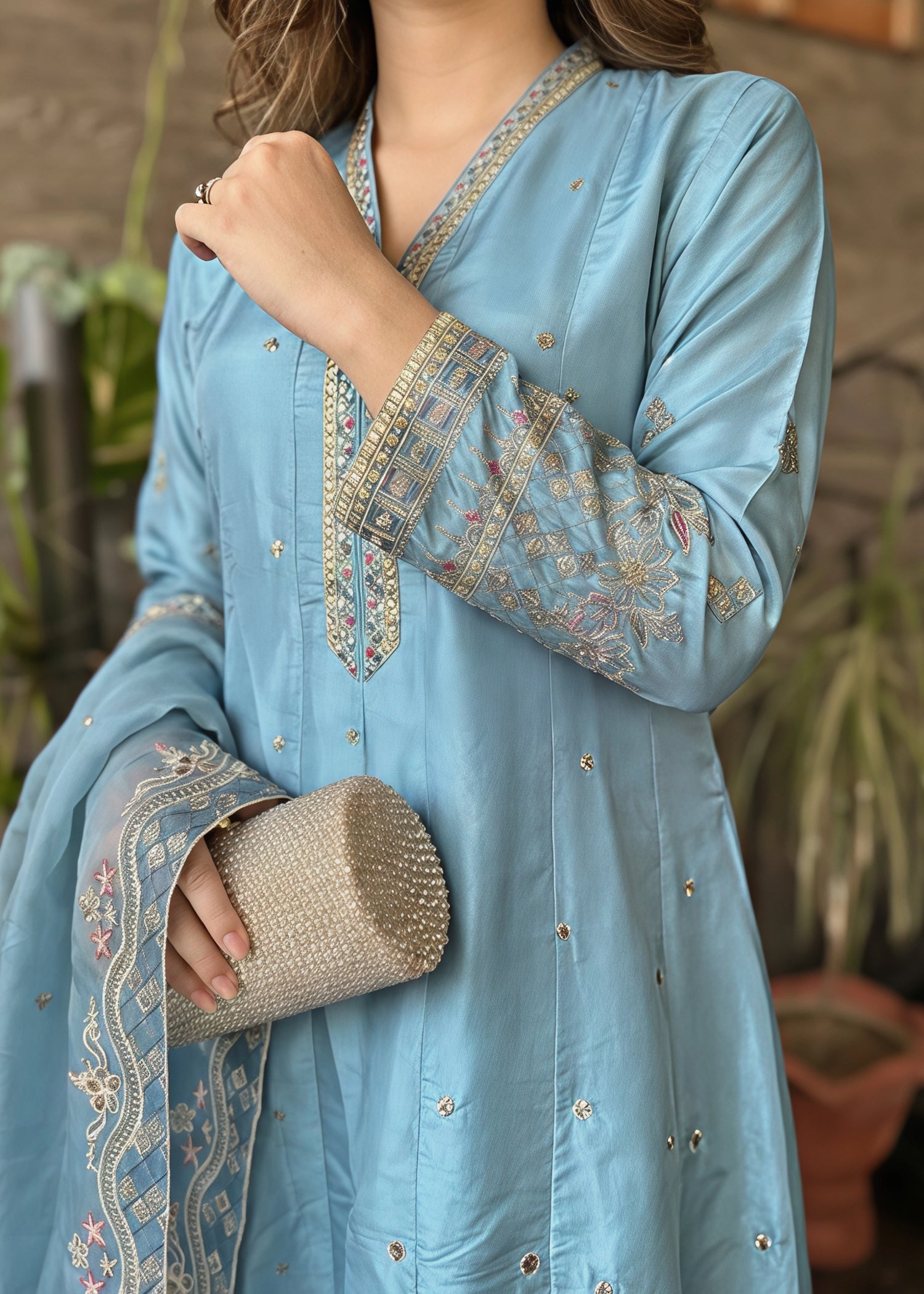 silk Pishwas in Ice blue