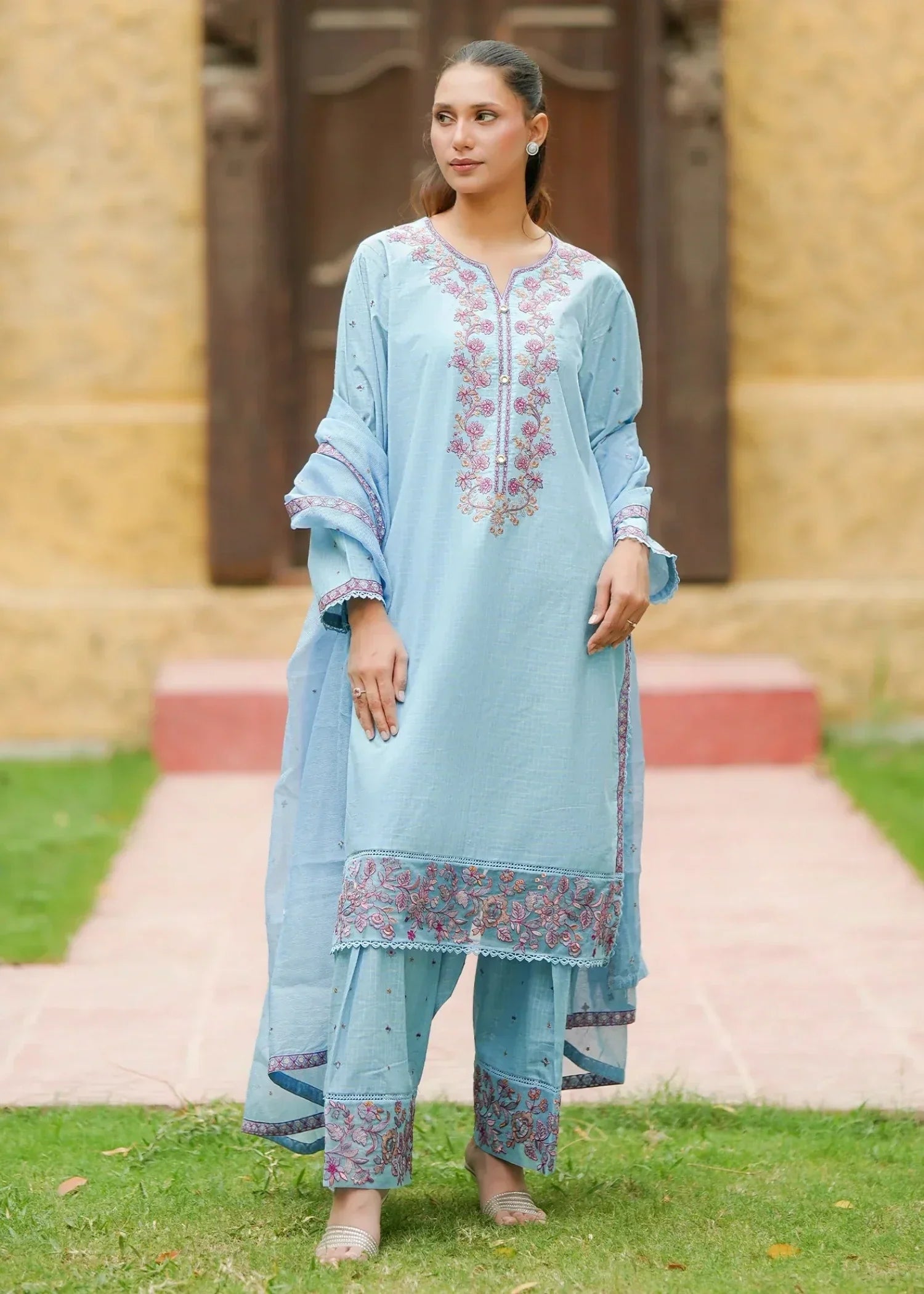 textured lawn Kurta Set in Powder blue