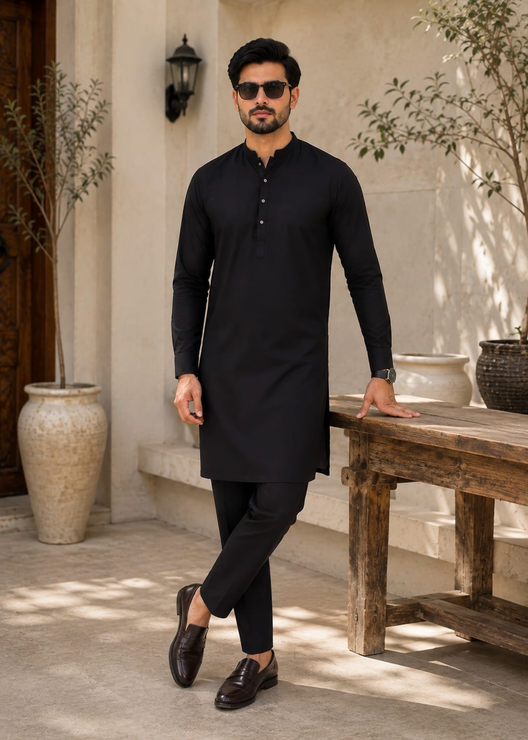 wash & wear Kurta Set in Black by Hassan Jee Men