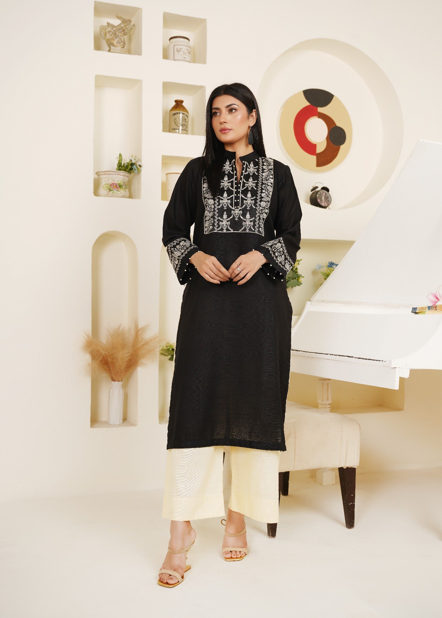 khaddar Kurta Set in Black, ivory, cream