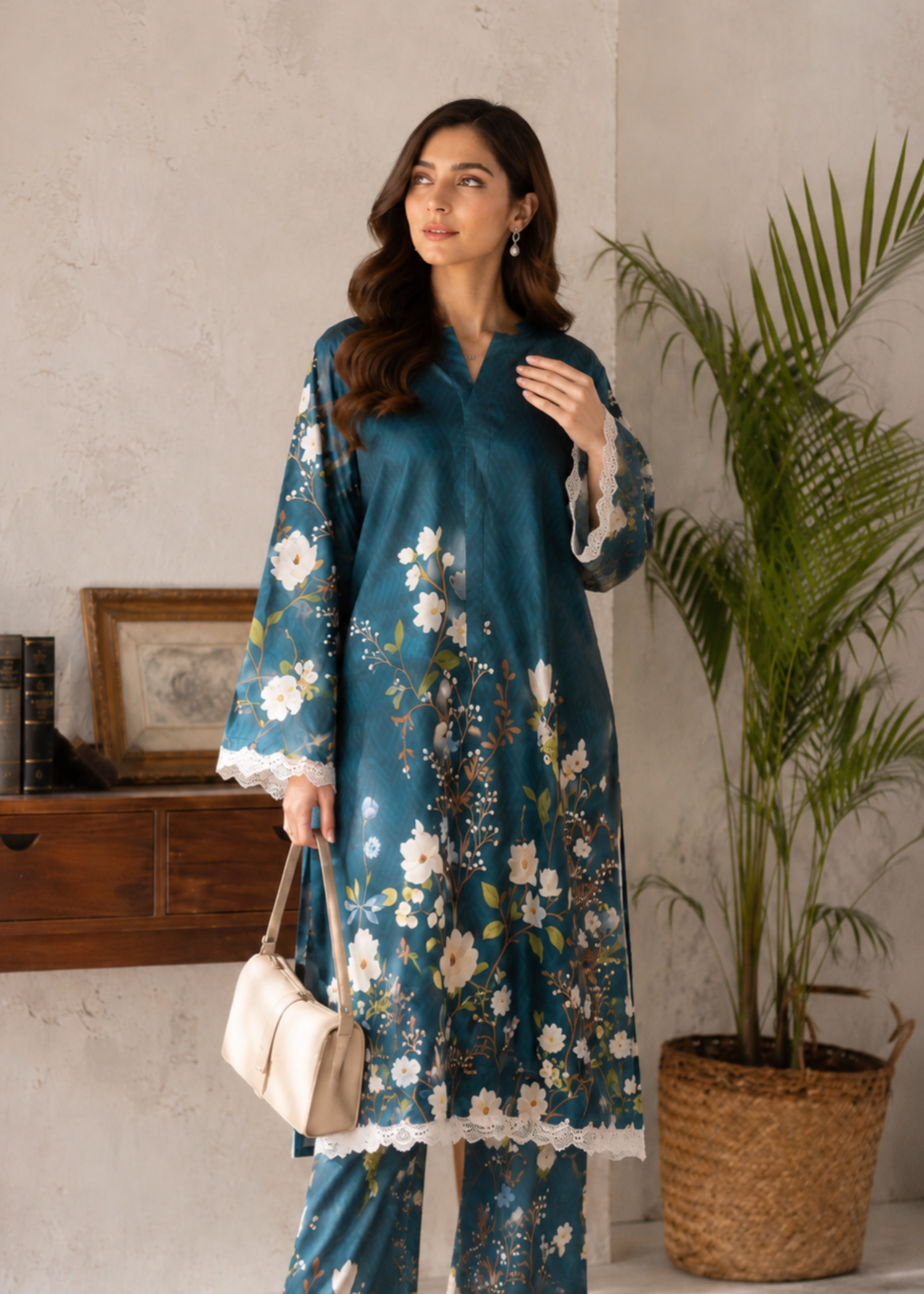 poly lawn Co Ord Sets in Teal, off-white