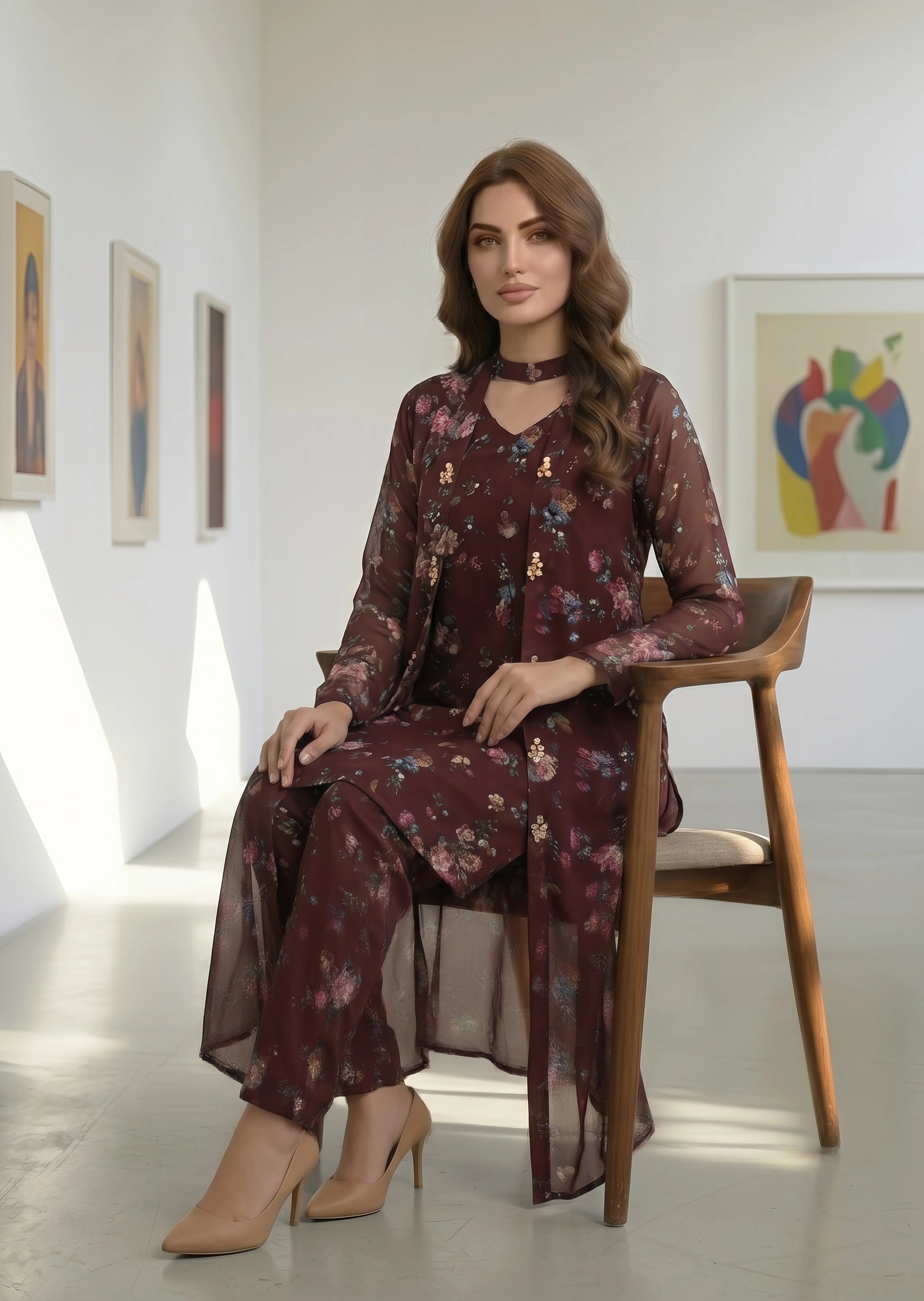 chiffon Gown in Maroon