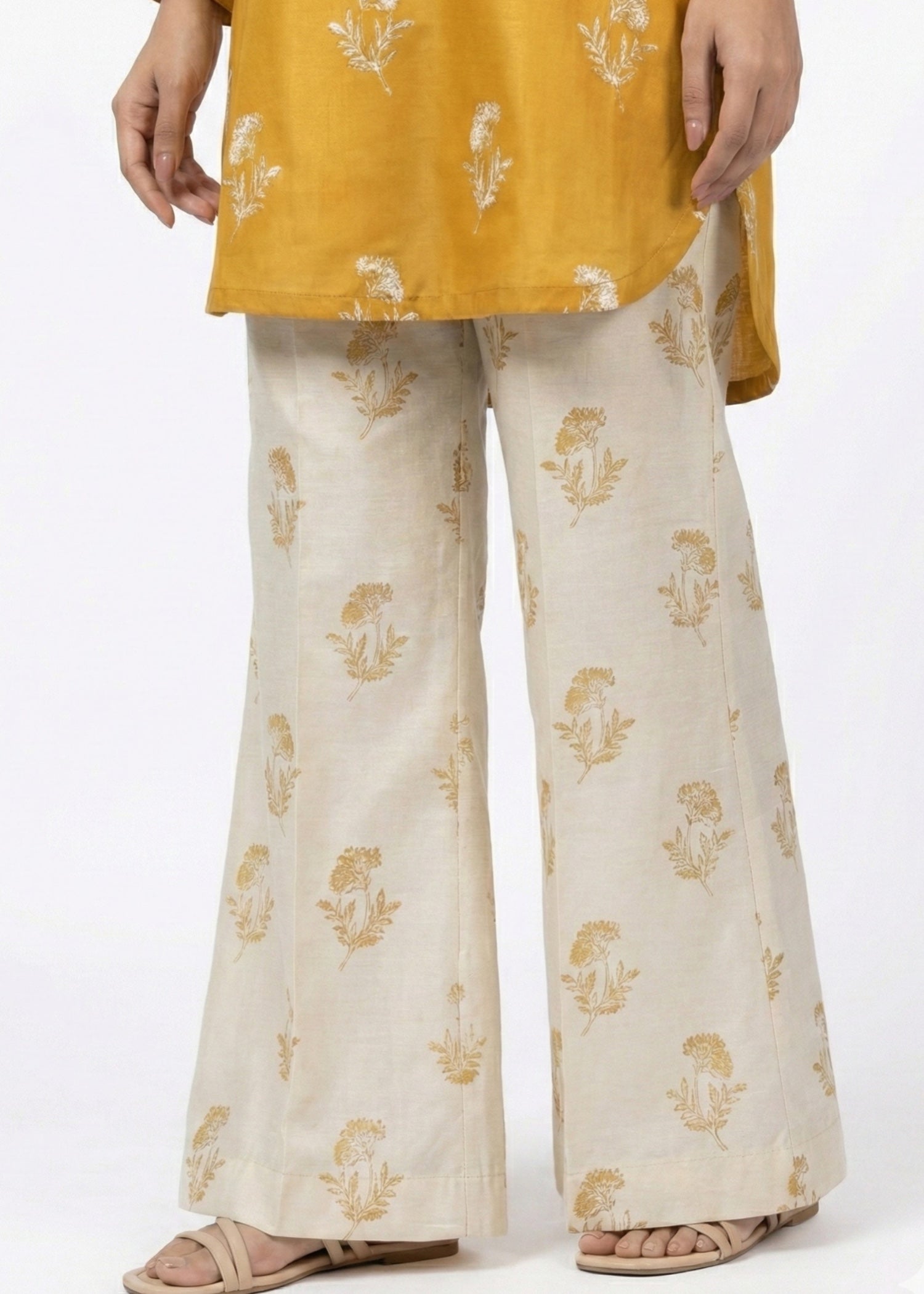 linen Kurta Set in Off-white, mustard