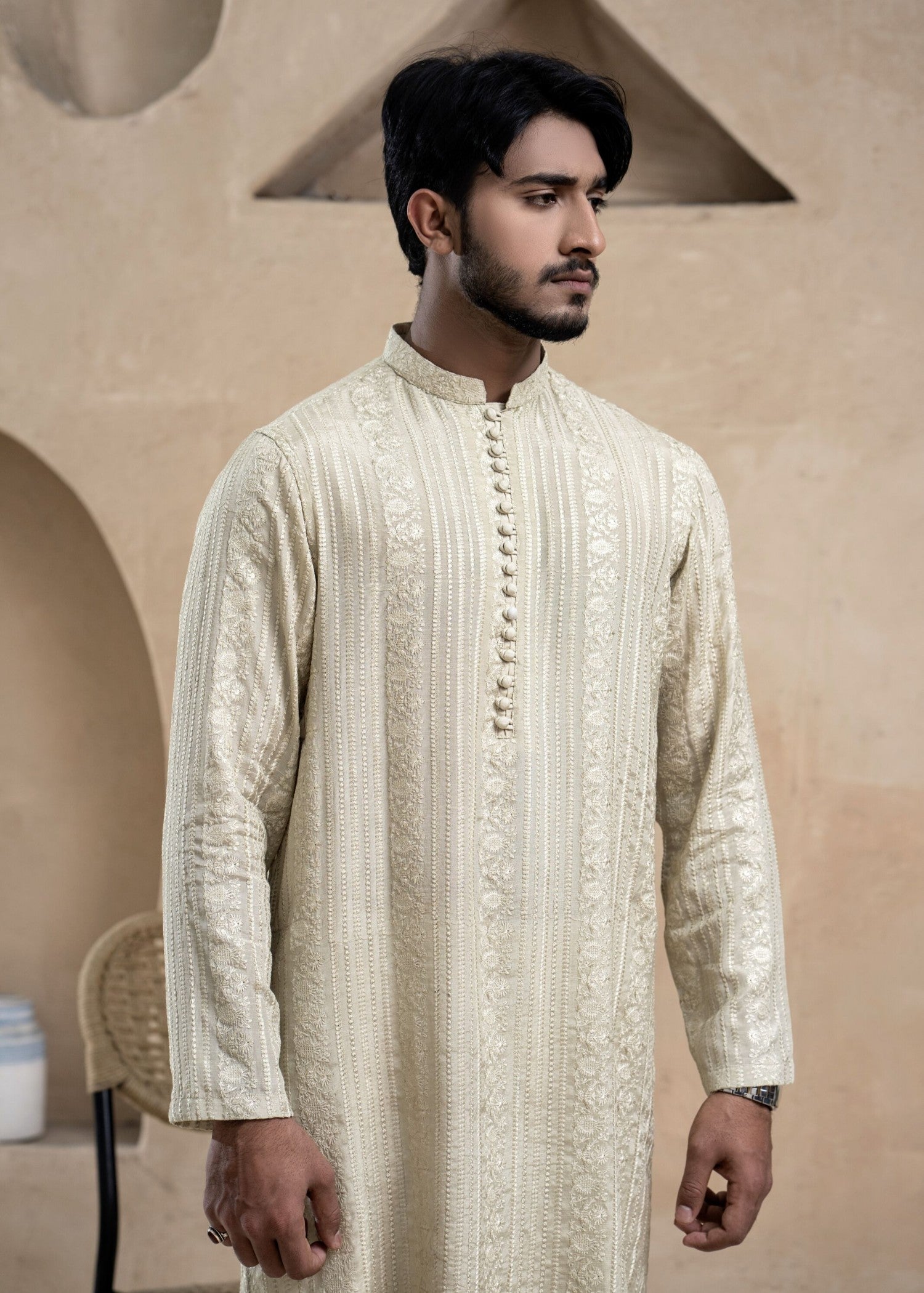 viscose raw silk Kurta Set in Ivory by Handr By Raza