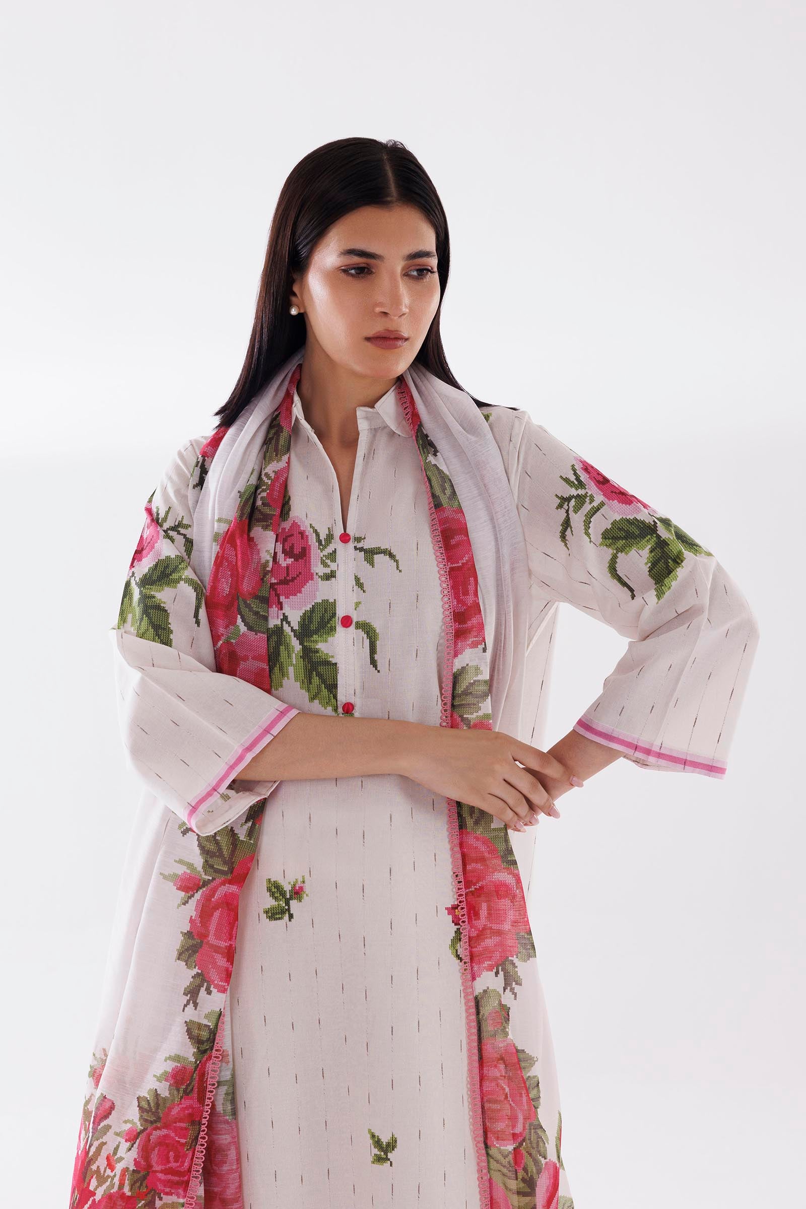 textured lawn Kurta Set in White