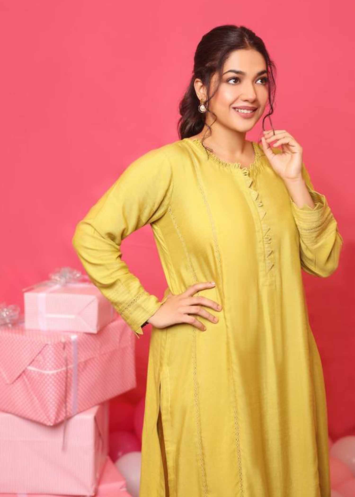cotton net Kurta Set in Lemon