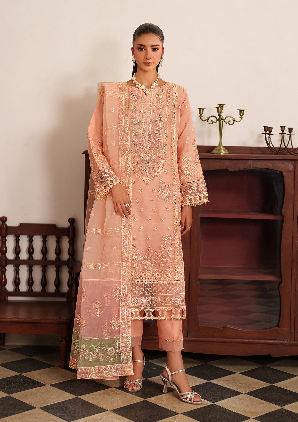 organza Kurta Set in Peach pink