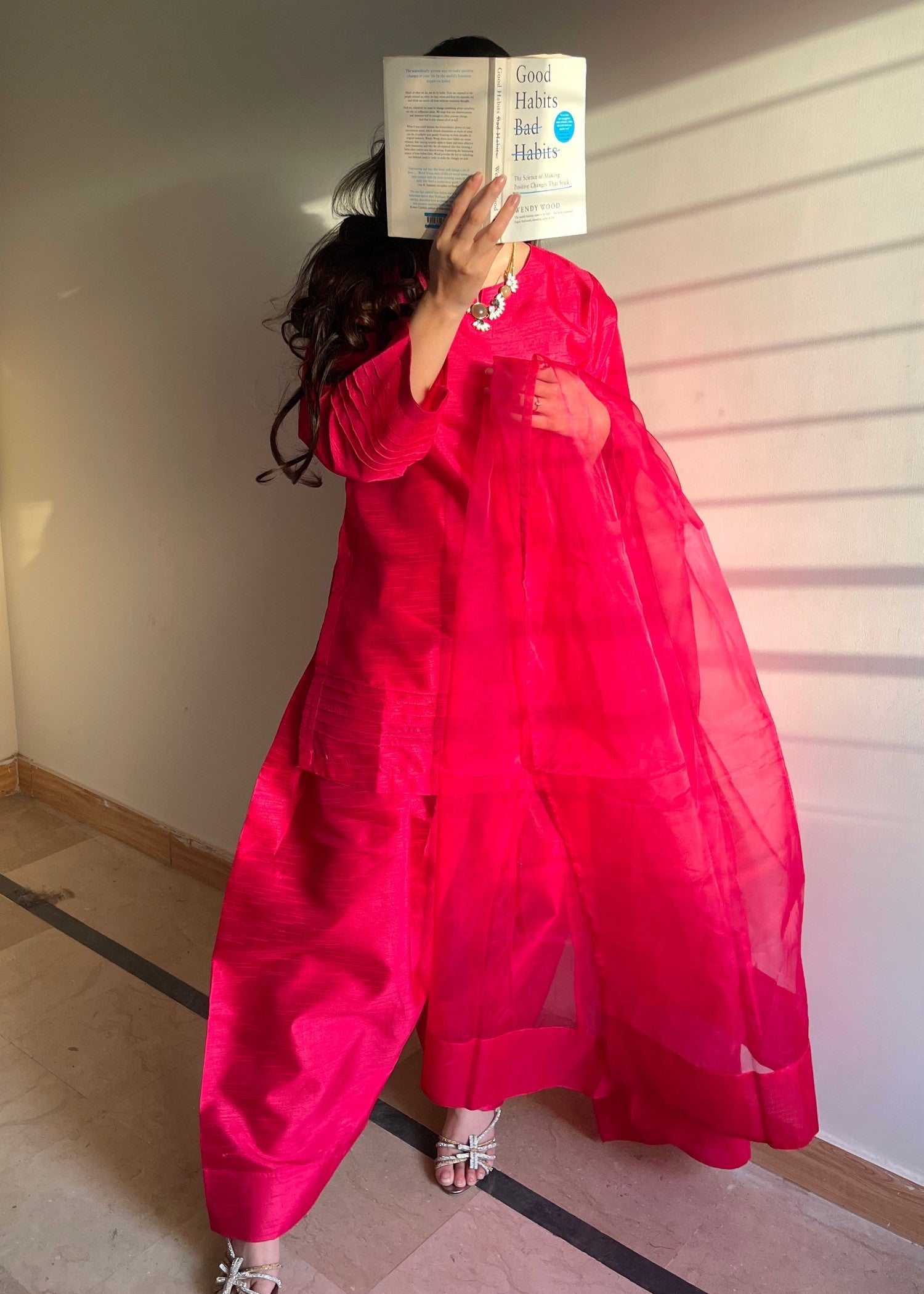 raw silk Kurta Set in Deep pink