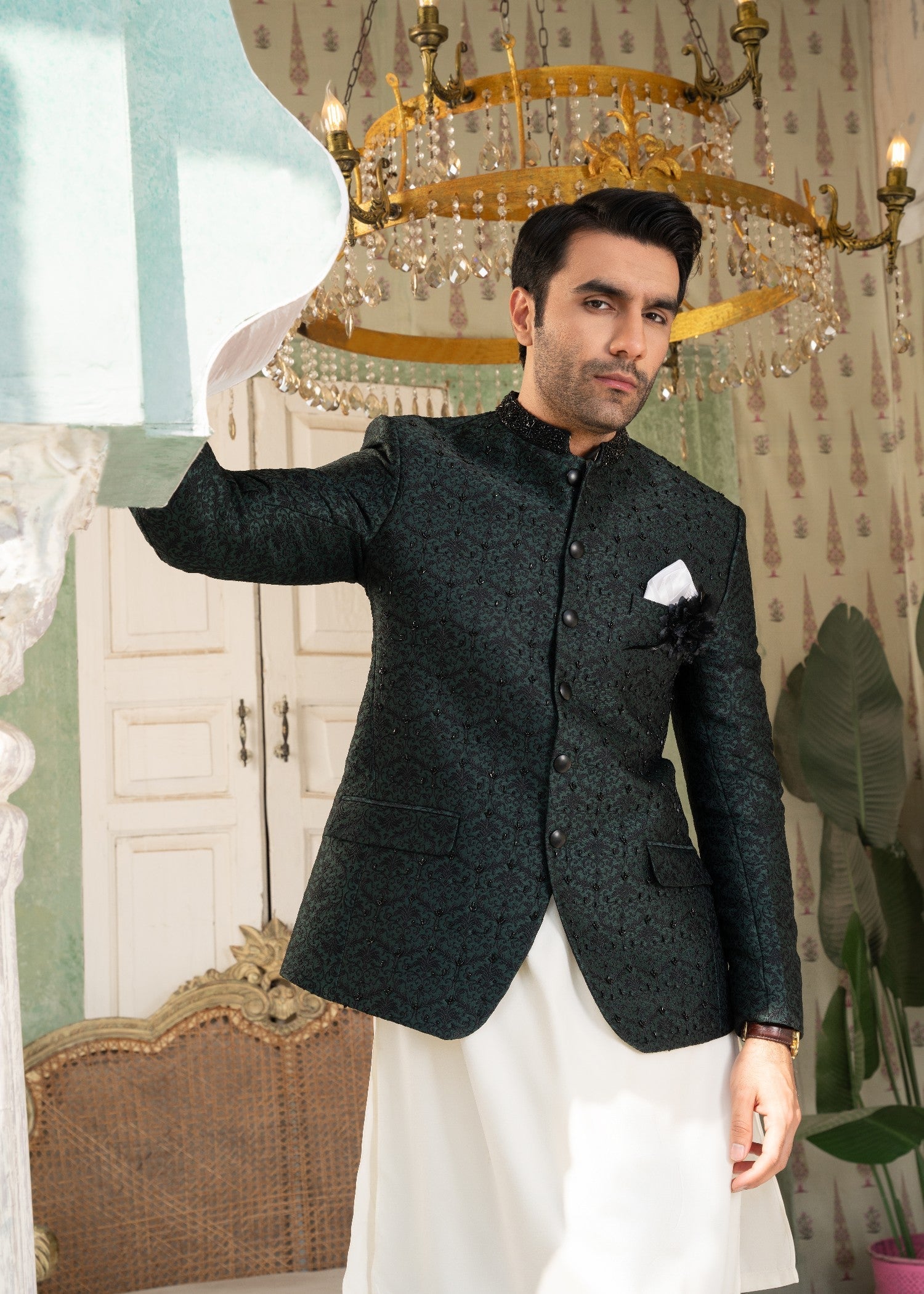 jamawar Prince Coat in Bottle green