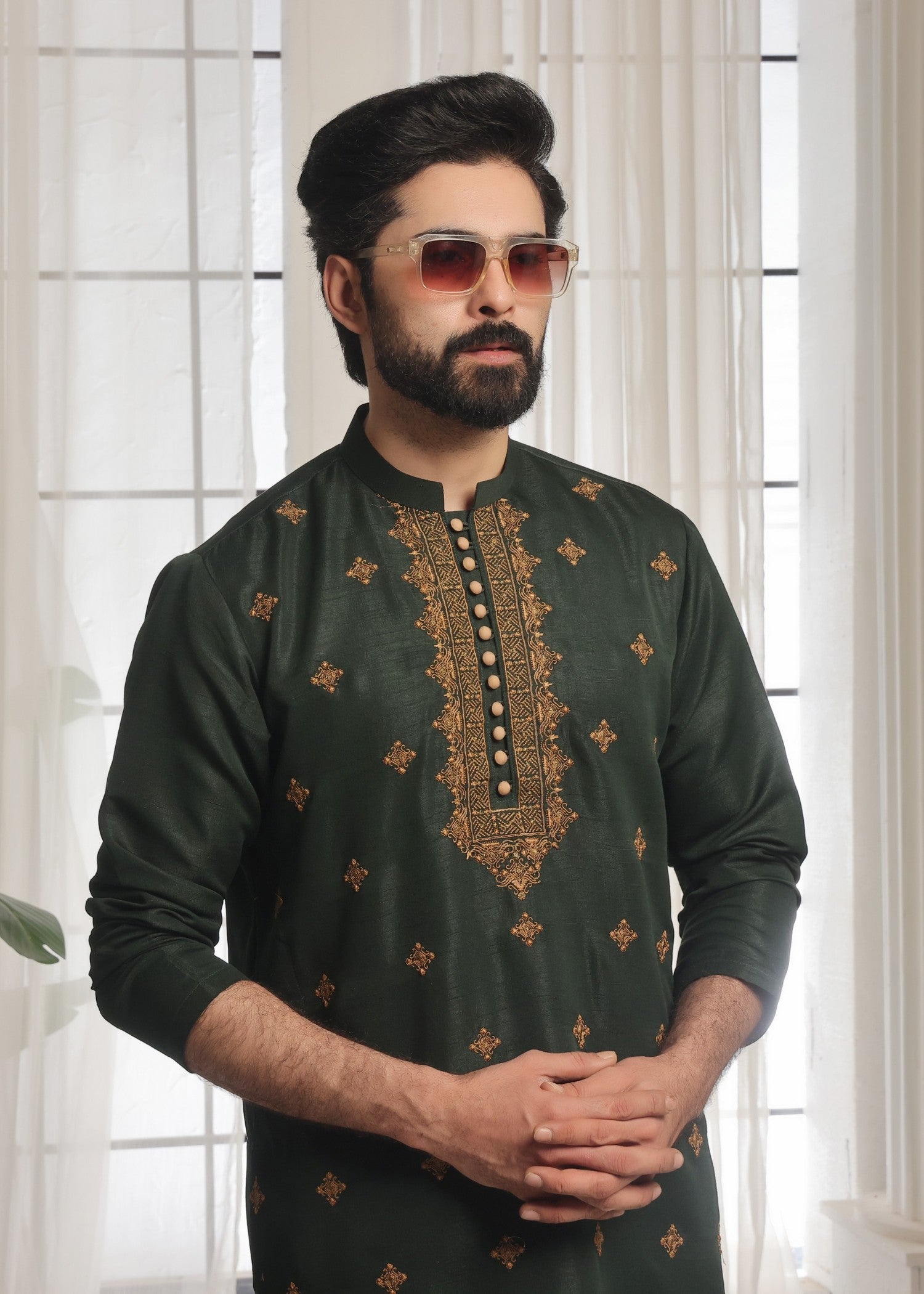 raw silk Kurta Set in Green