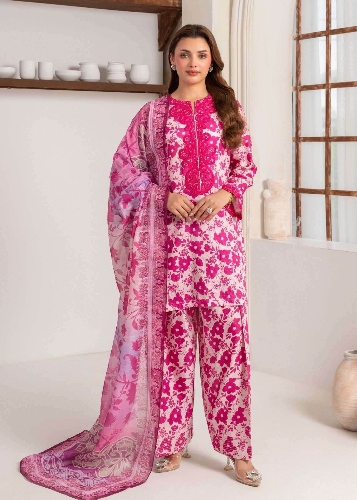 textured lawn Kurta Set in Shocking pink