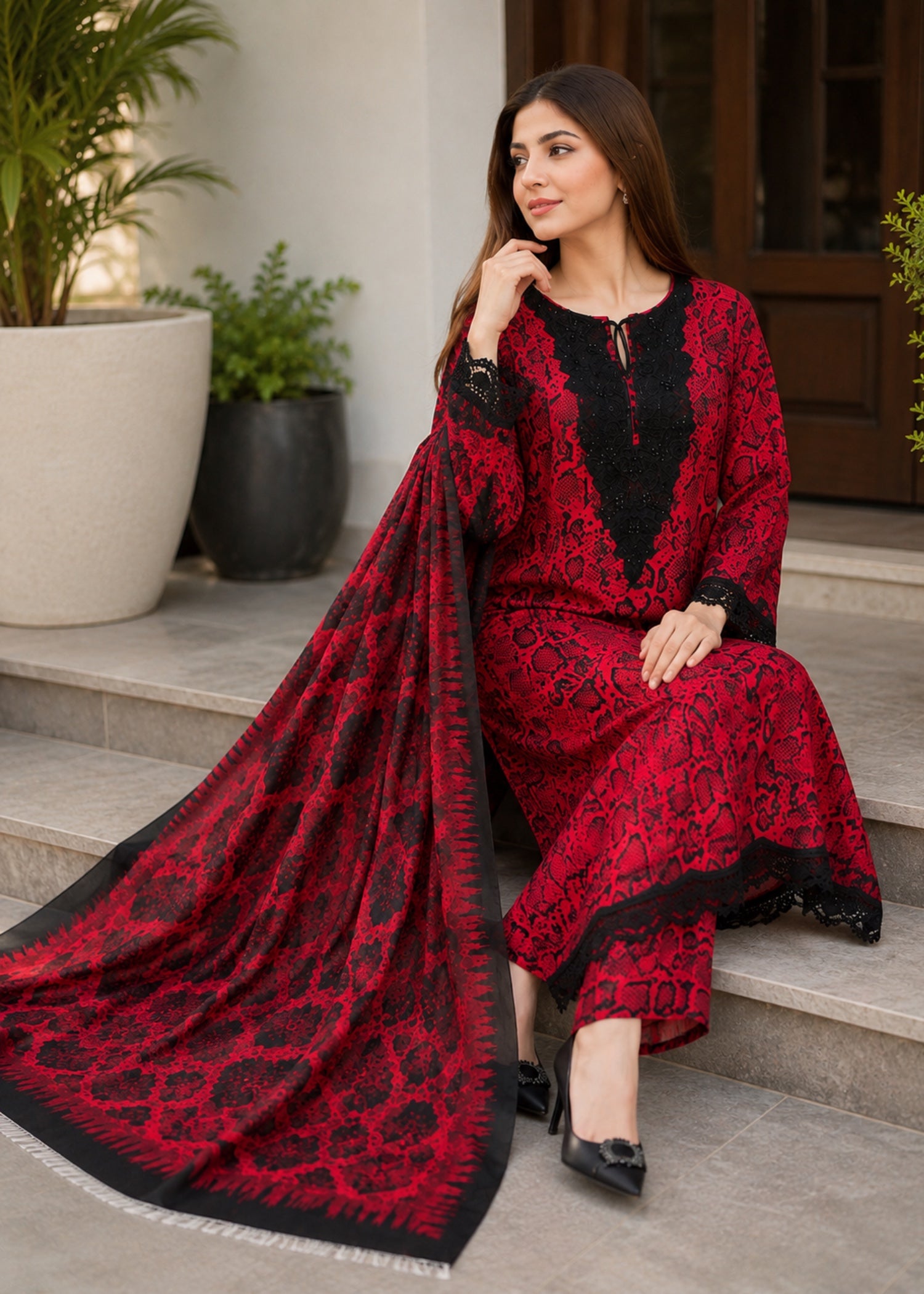 lawn Kurta Set in Venetian red, taupe black