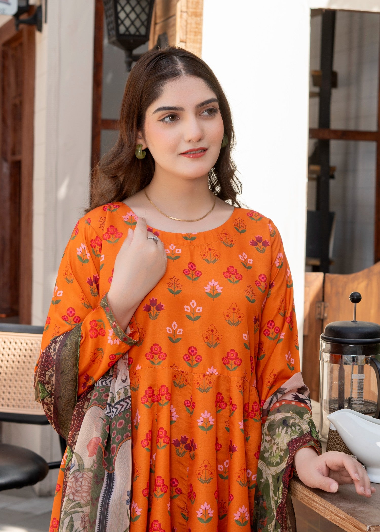 poly lawn Anarkali in Pumpkin orange