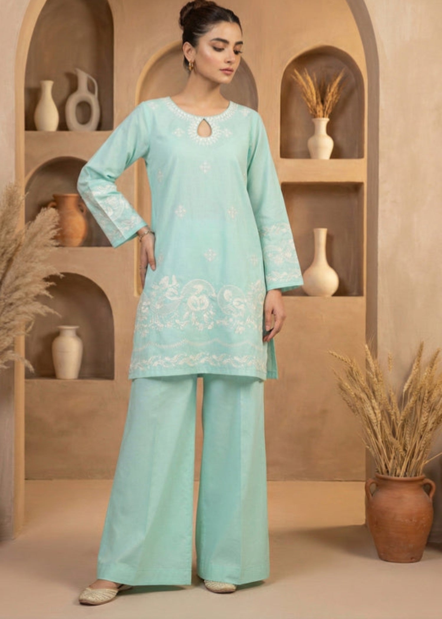 cotton dobby Kurta Set in Aquamarine