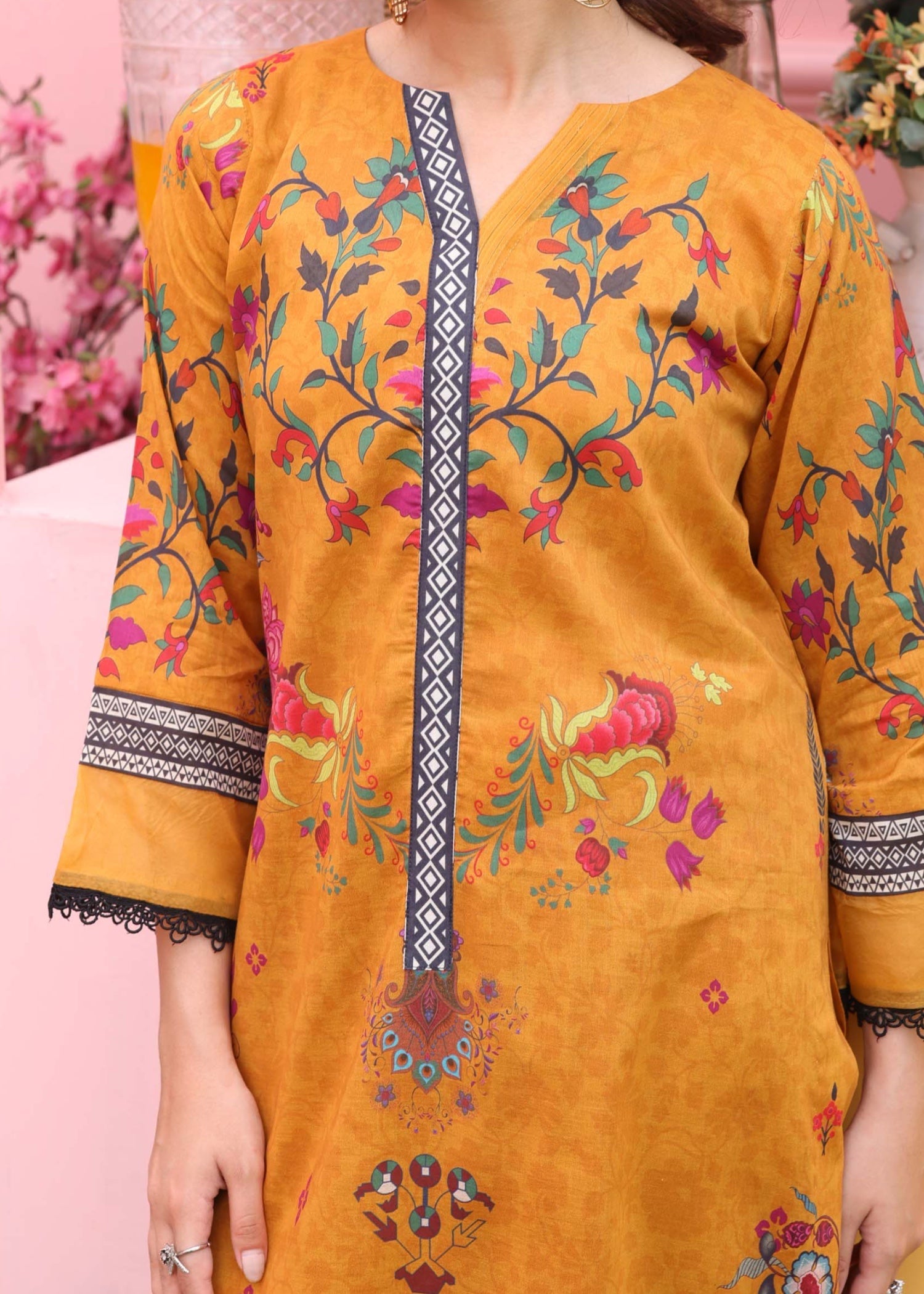 silk finish lawn Kurta Set in Mustard