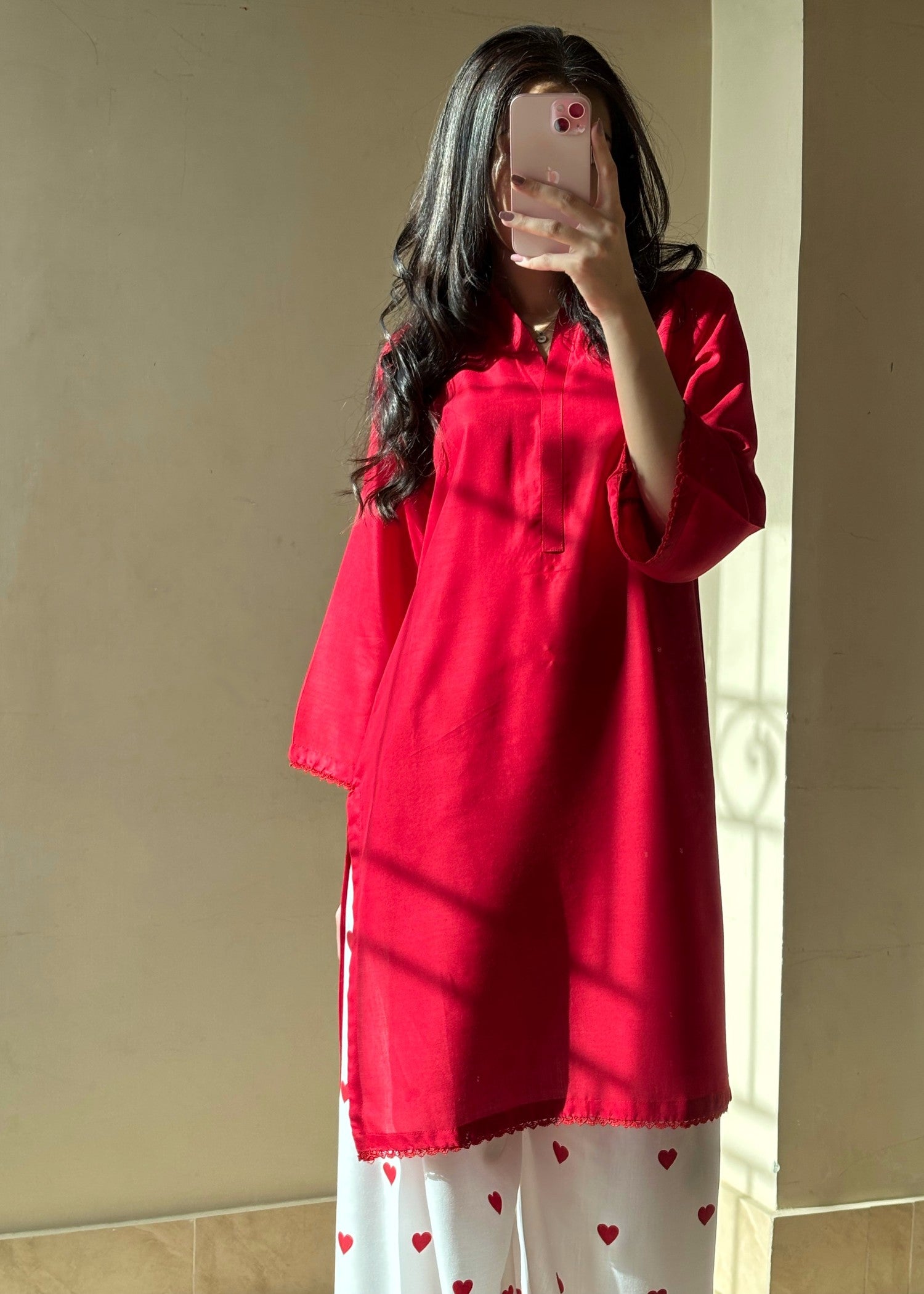 arabic lawn Kurta Set in Red
