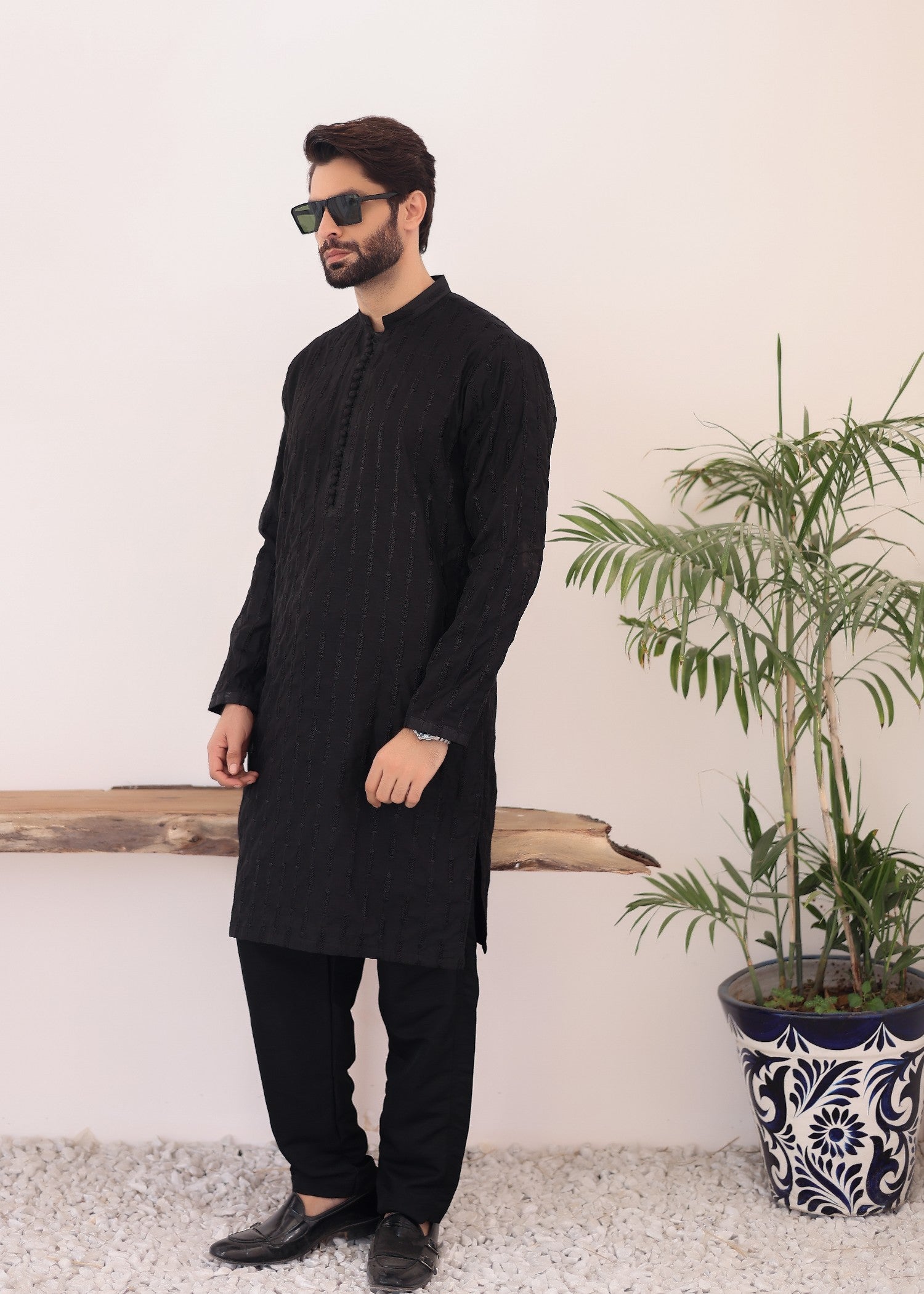 paper silk Kurta Set in Black