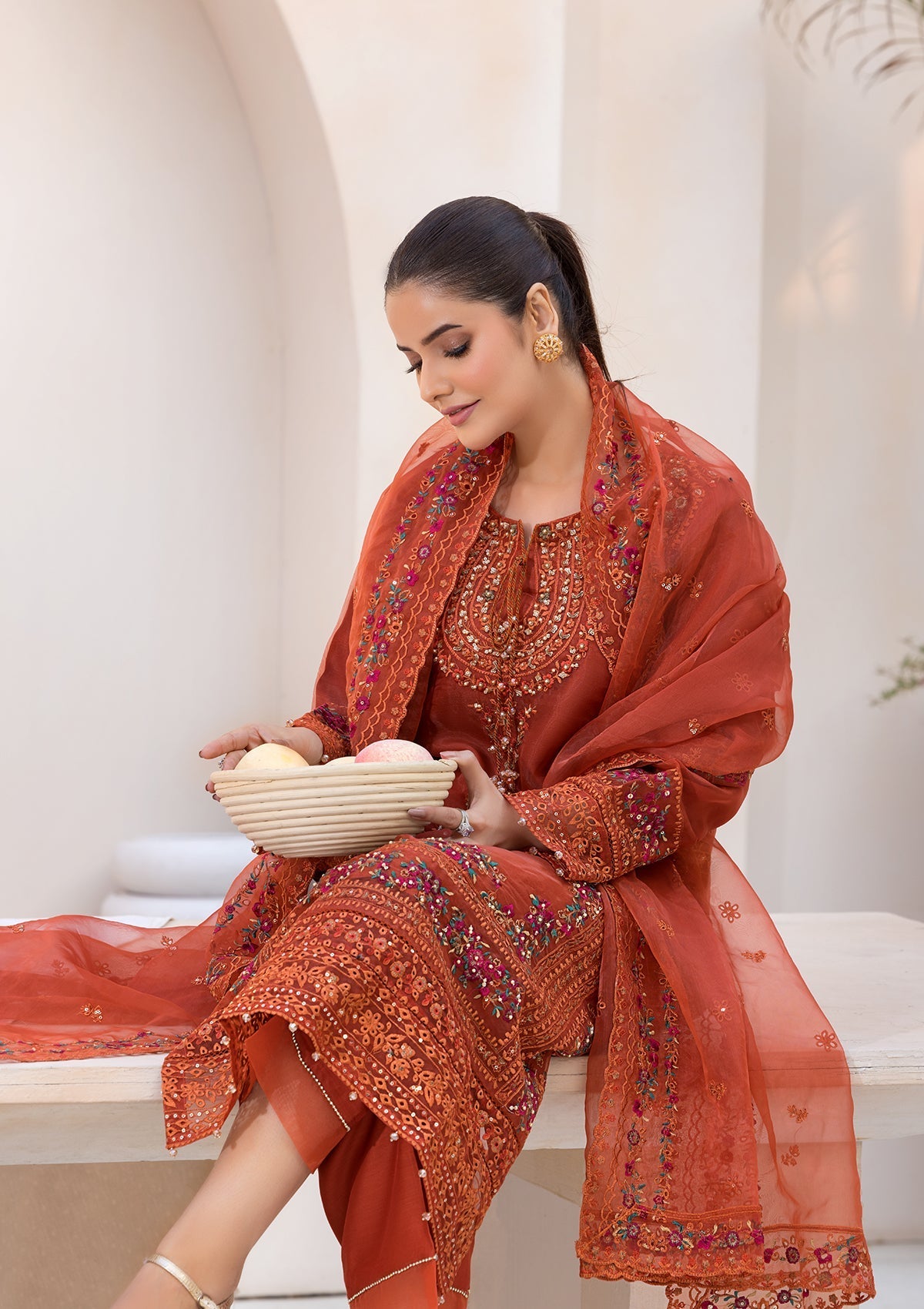 organza Kurta Set in Rust red
