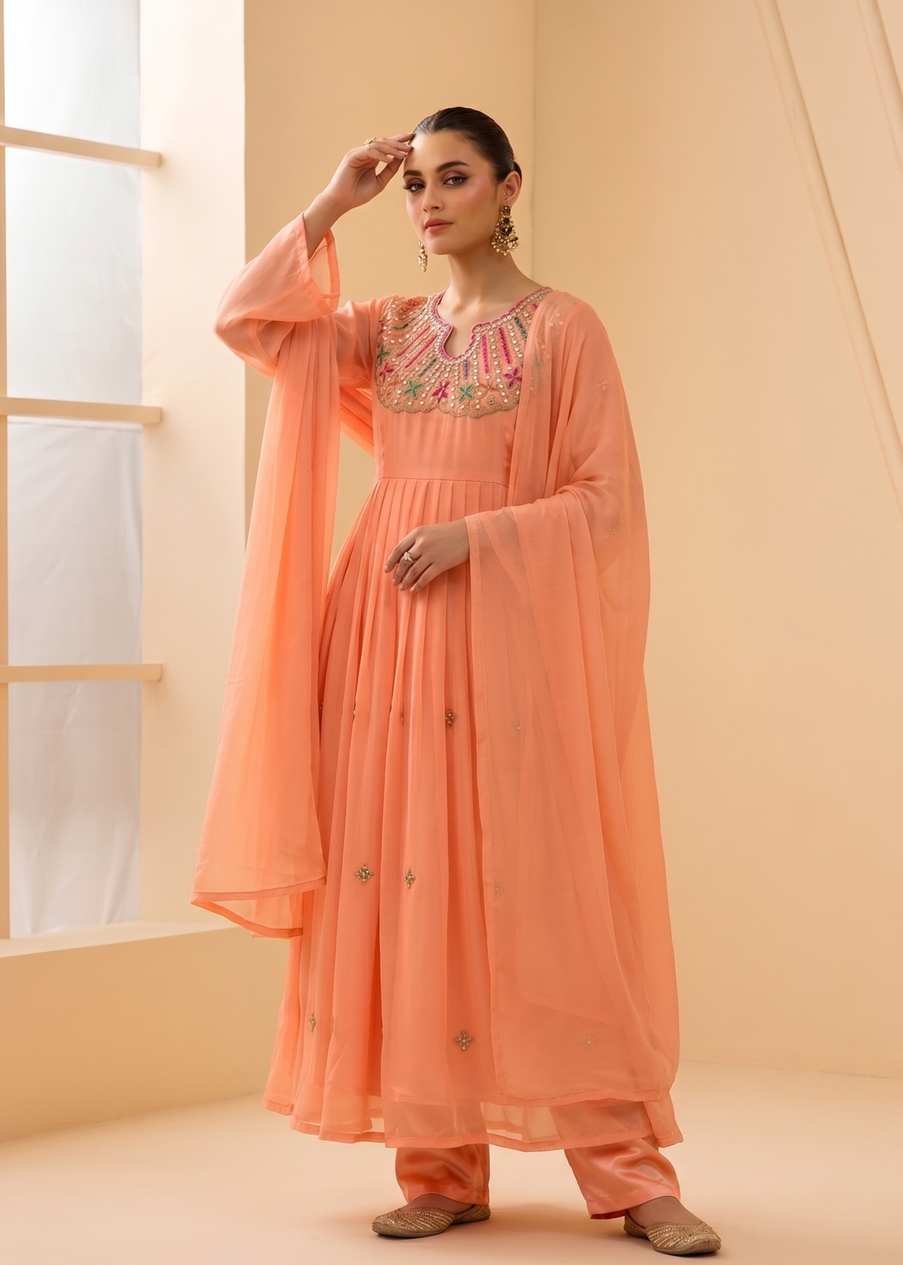organza Anarkali in Peach orange