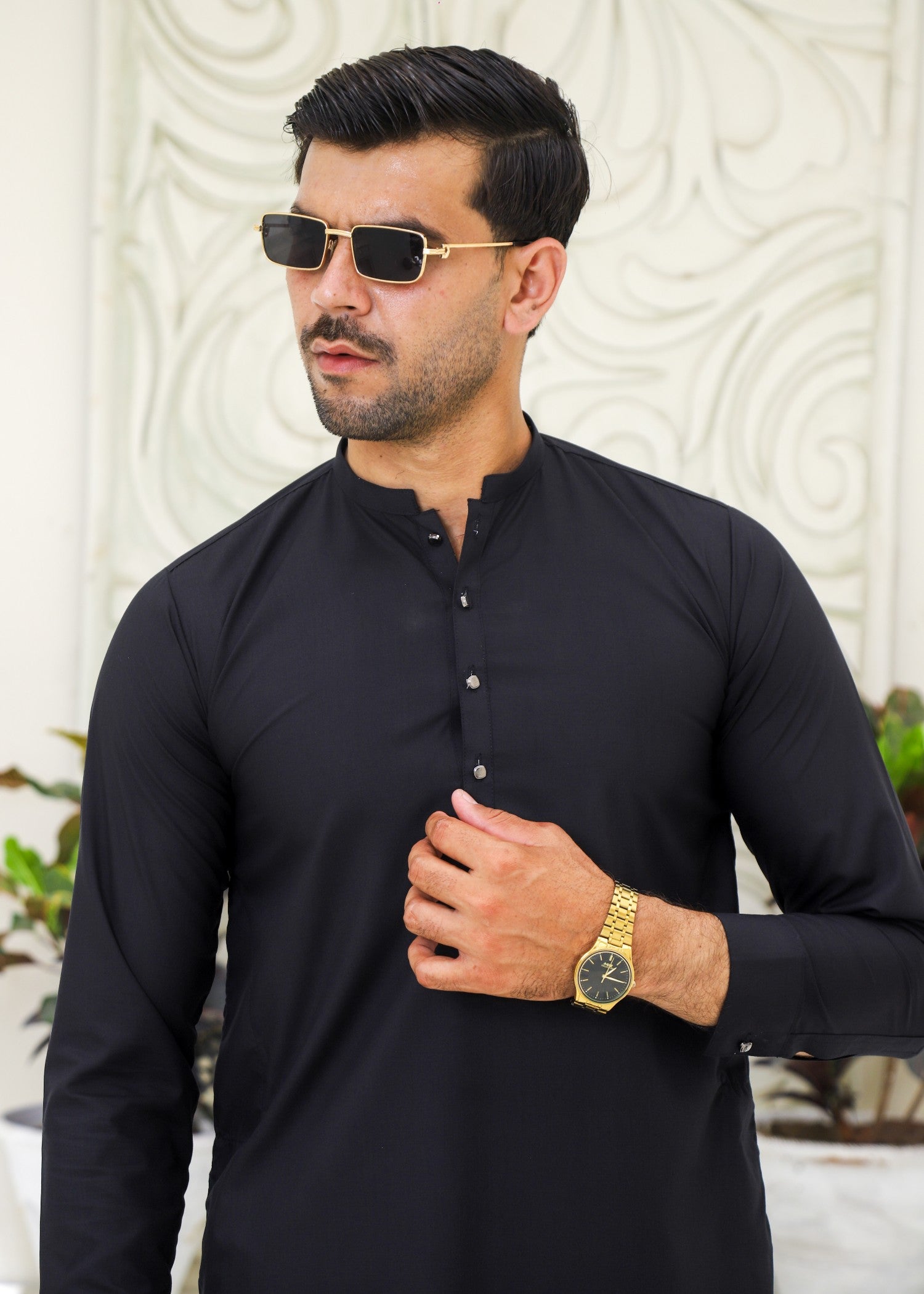 wash & wear Kurta Set in Black by Hassan Jee Men