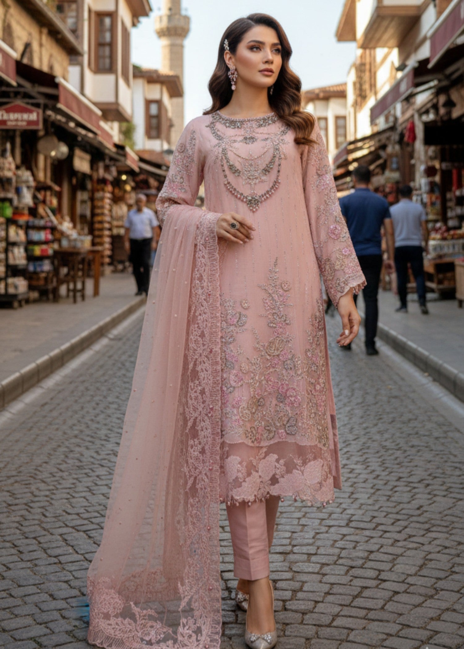 crinkle chiffon Kurta Set in Light pink