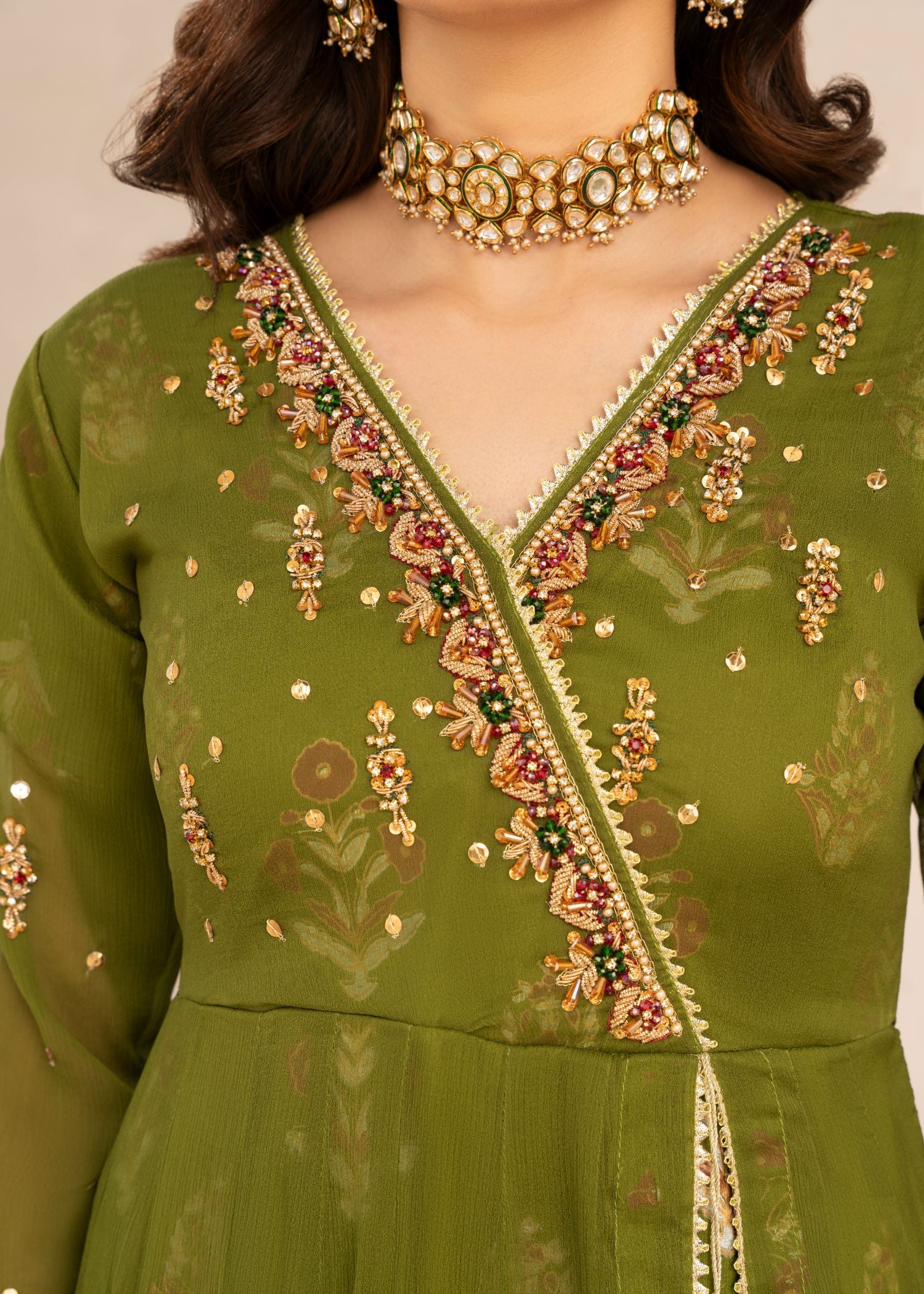 chiffon Angrakha in Olive green