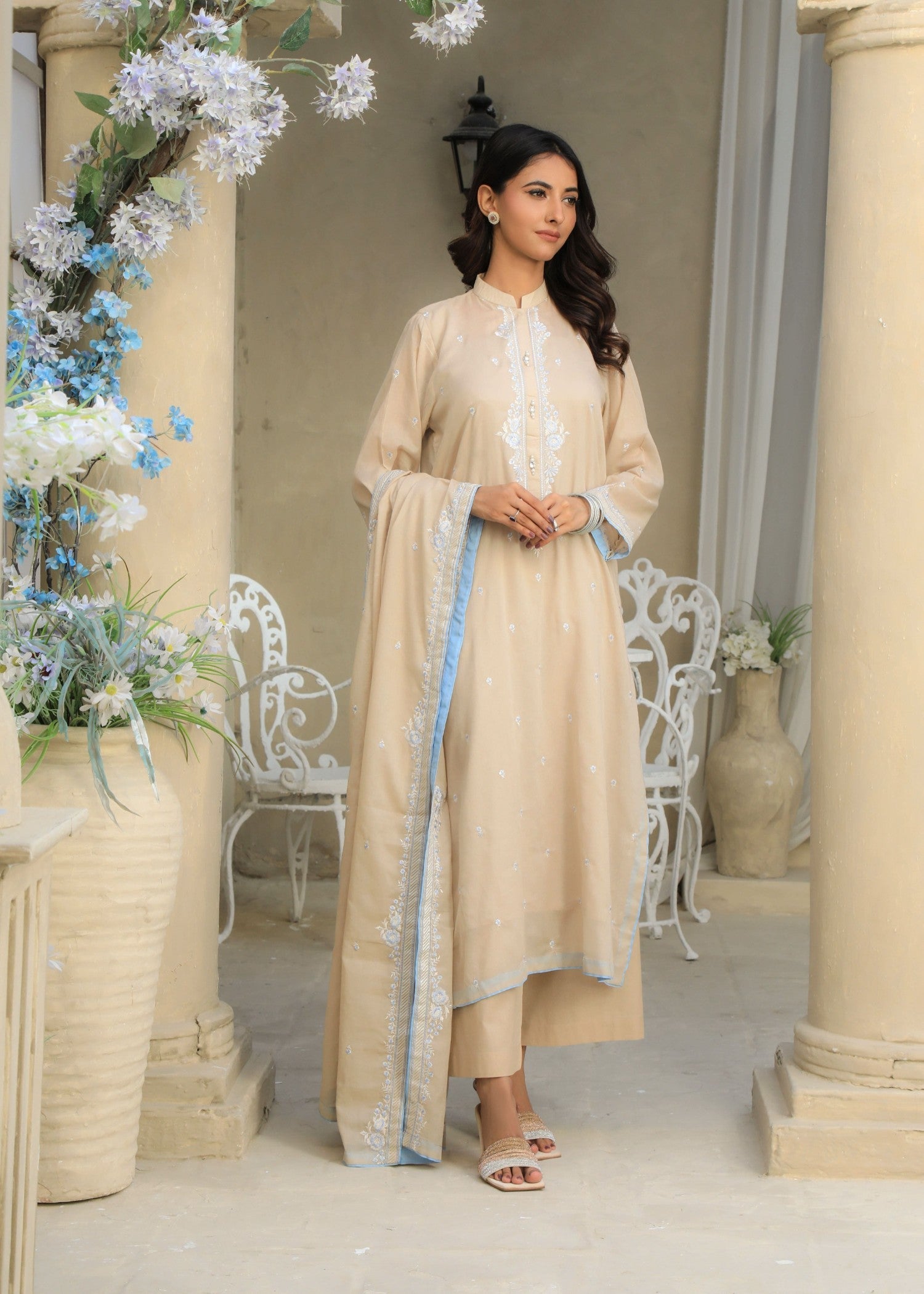 voile Kurta Set in Beige