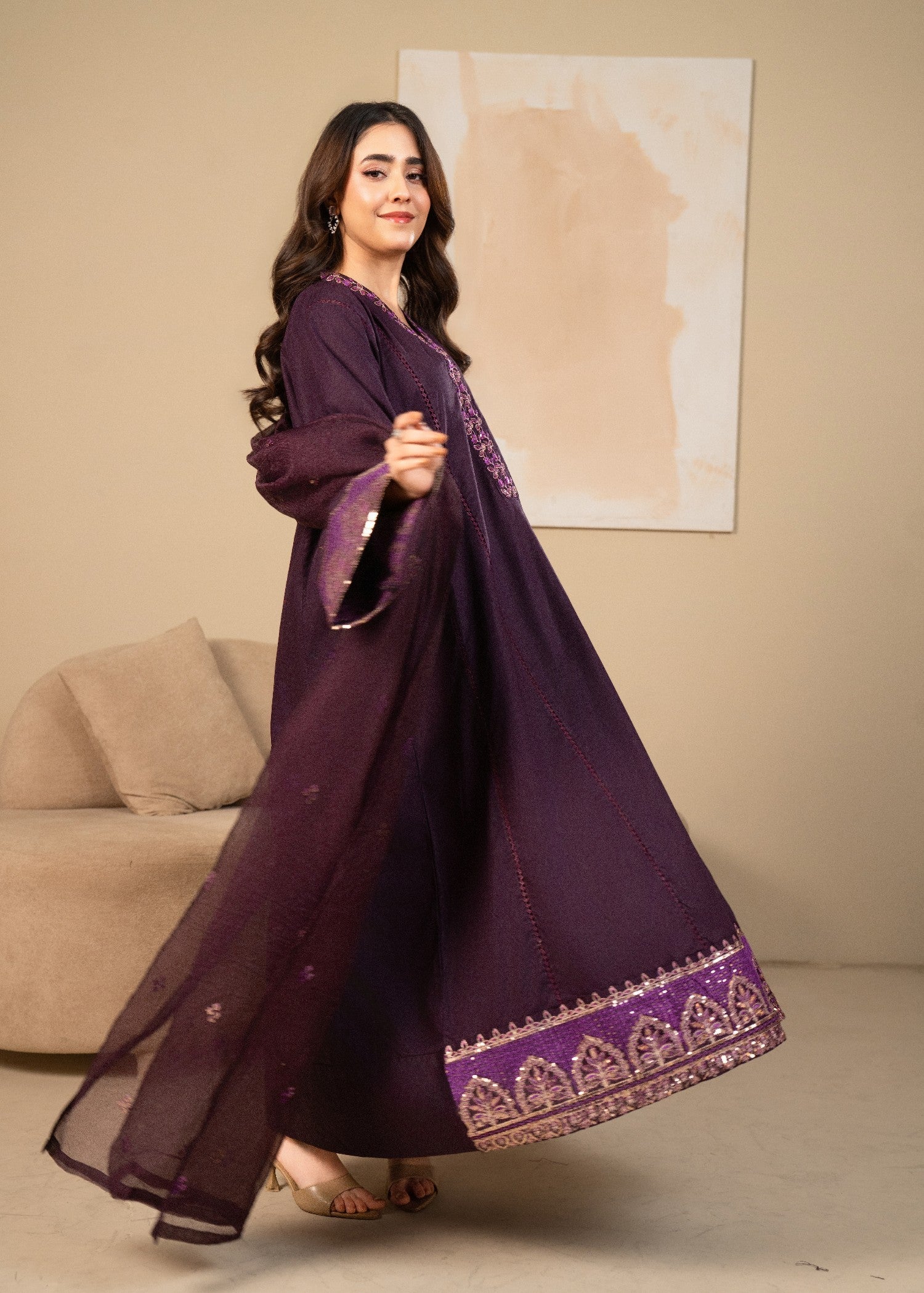 lawn cotton Pishwas in Deep purple