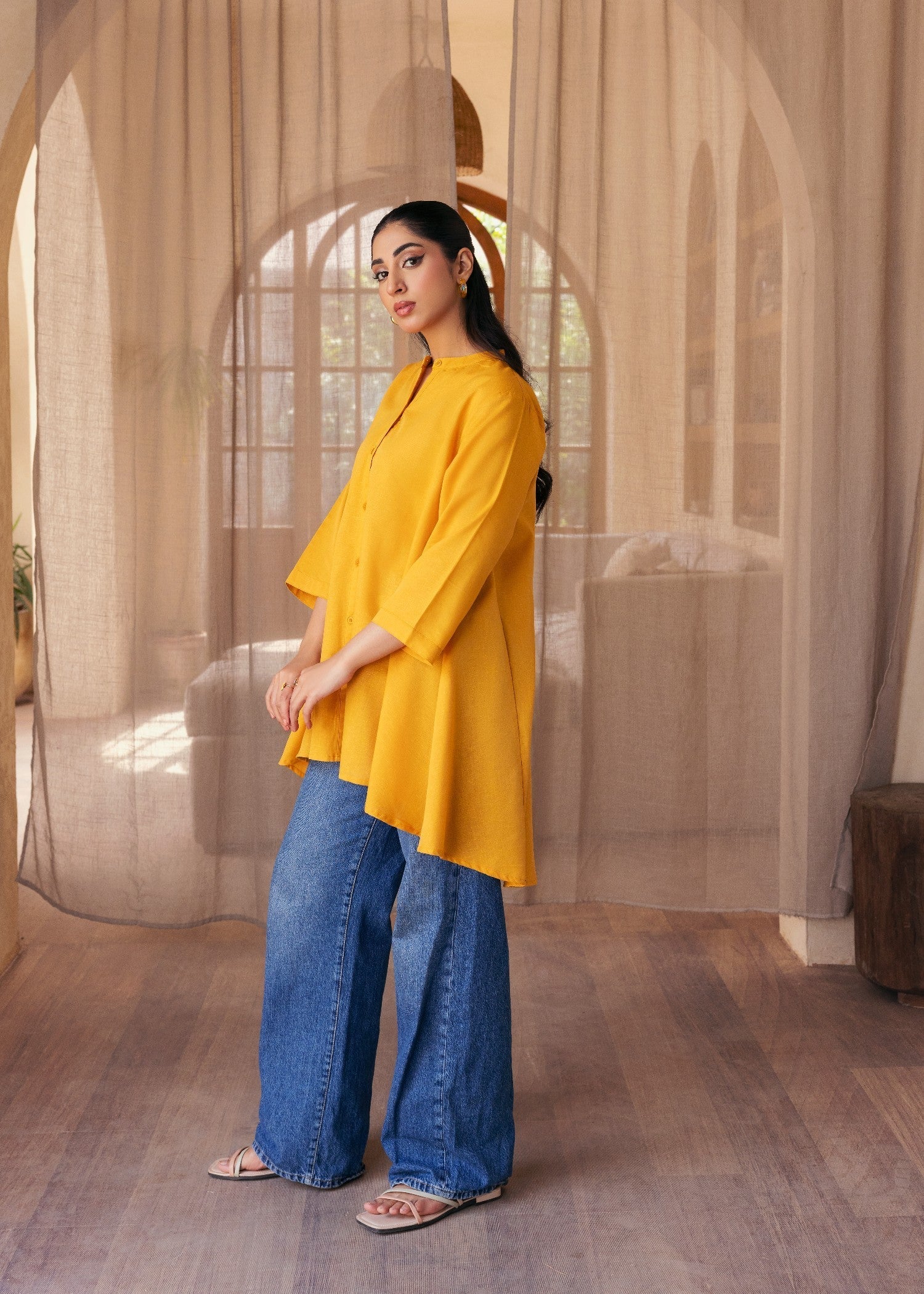 slub khaddar Top in Mustard