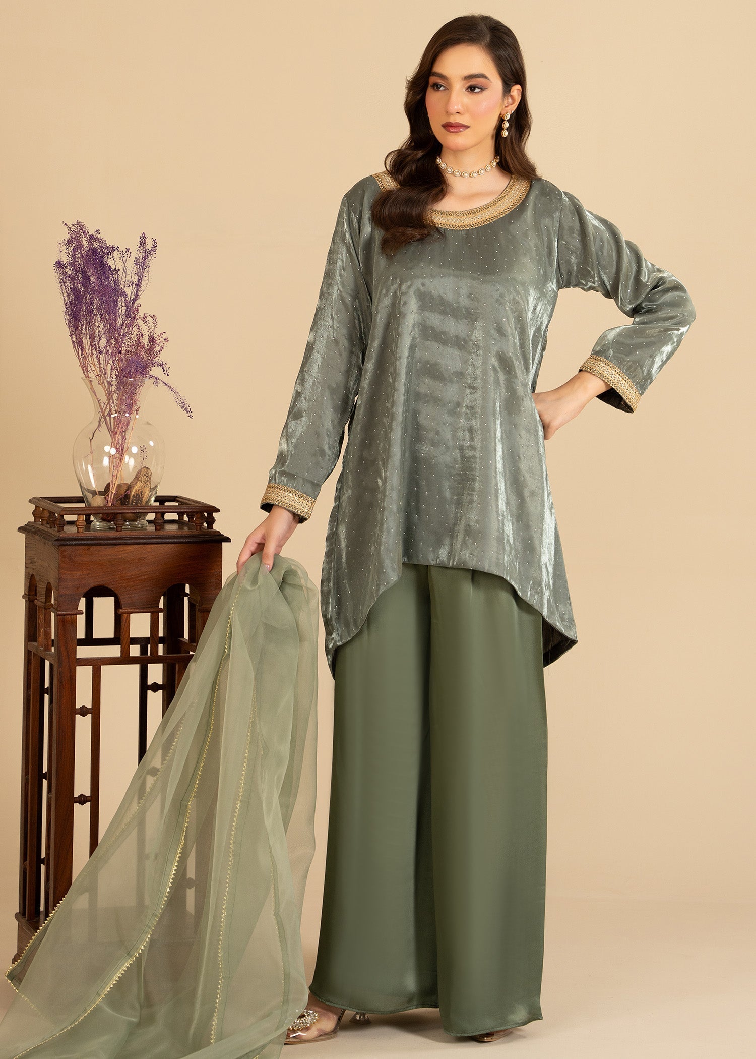 zari organza Short Frock in Moss green