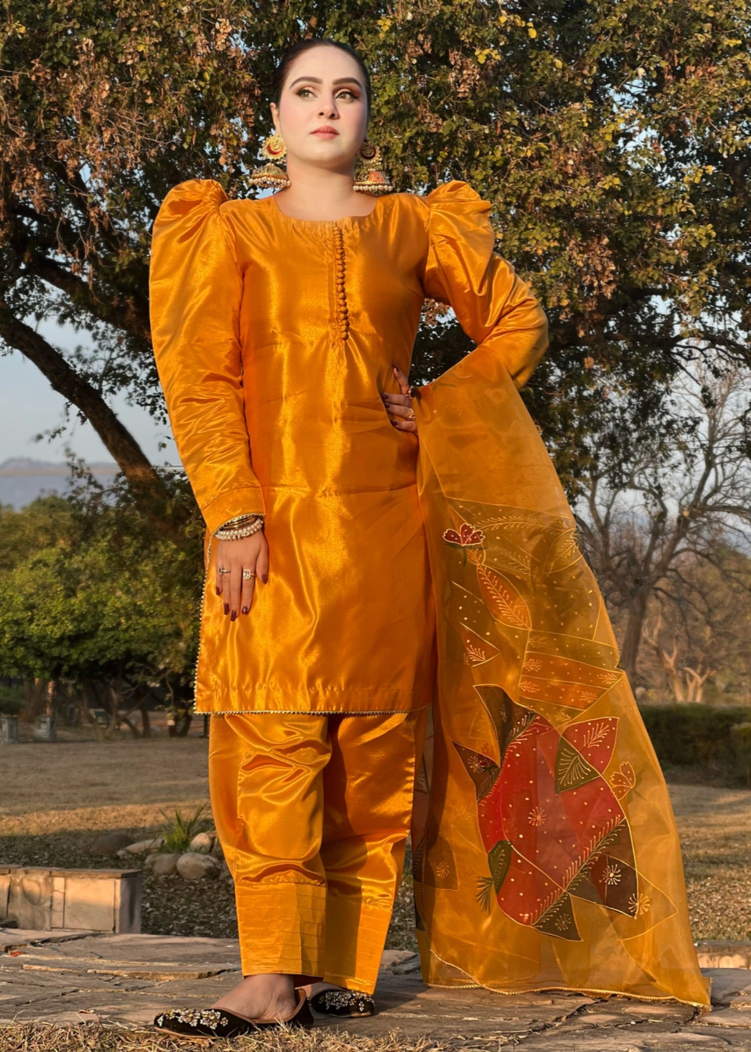 silk Kurta Set in Carrot orange