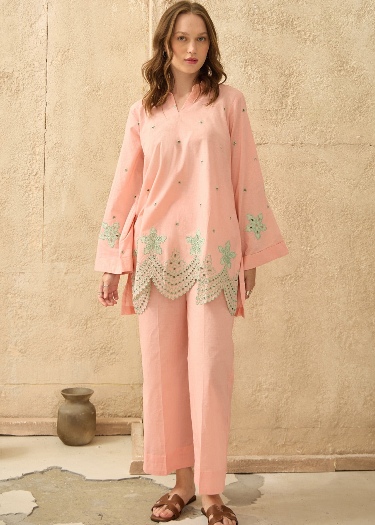 cotton dobby Co Ord Sets in Peach pink