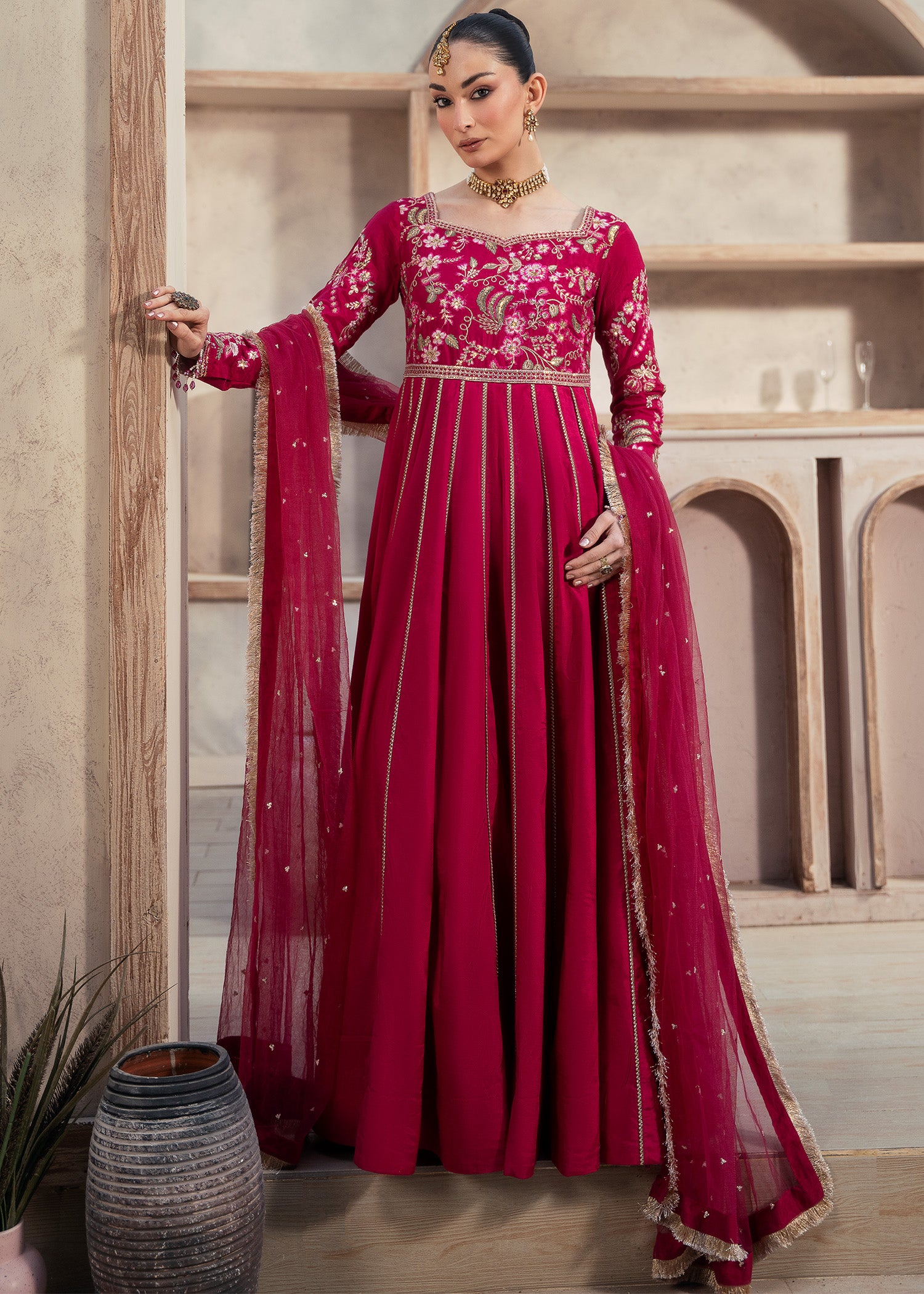 raw silk Pishwas in Shocking pink