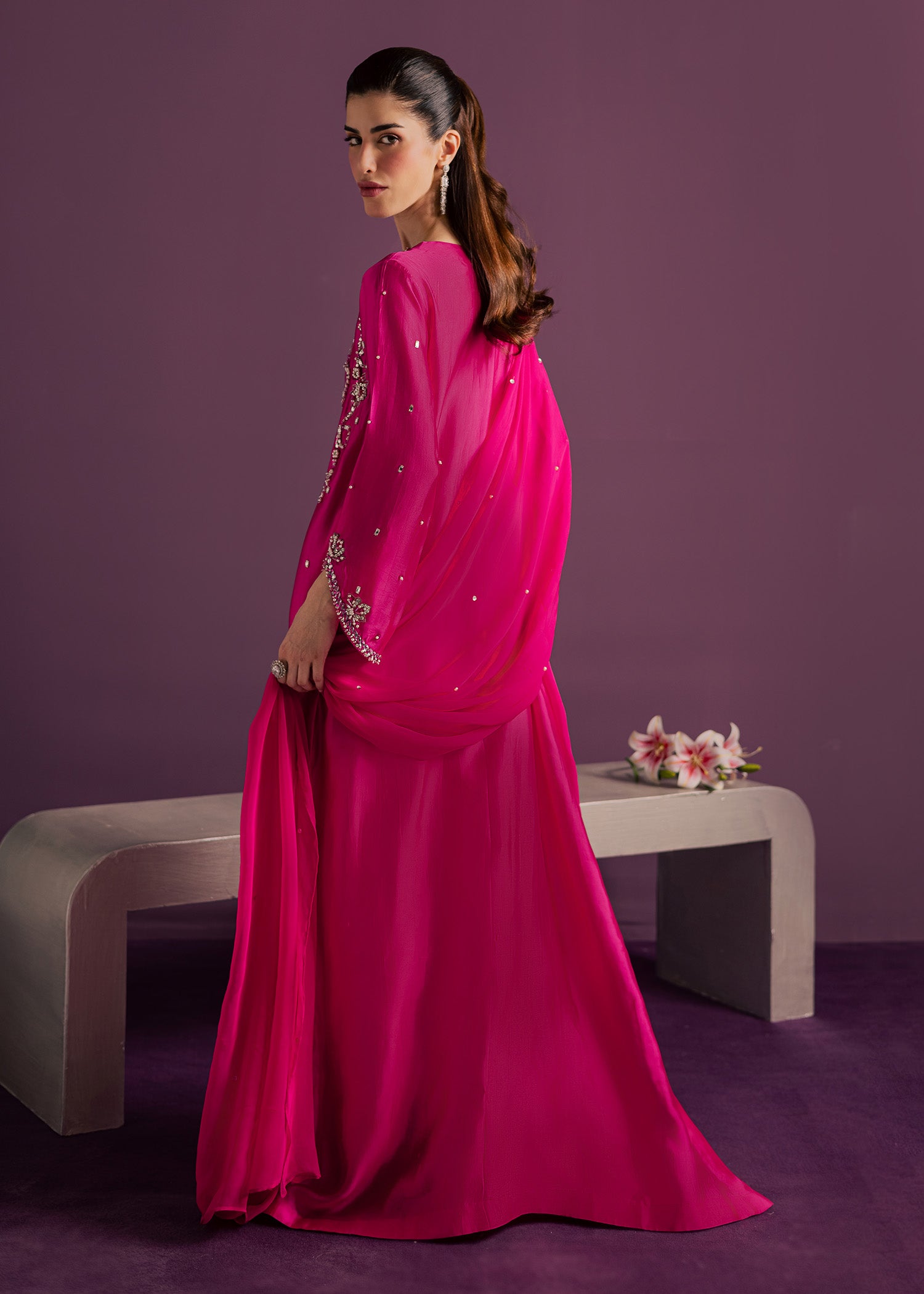 tussar silk Kaftan in Hot pink