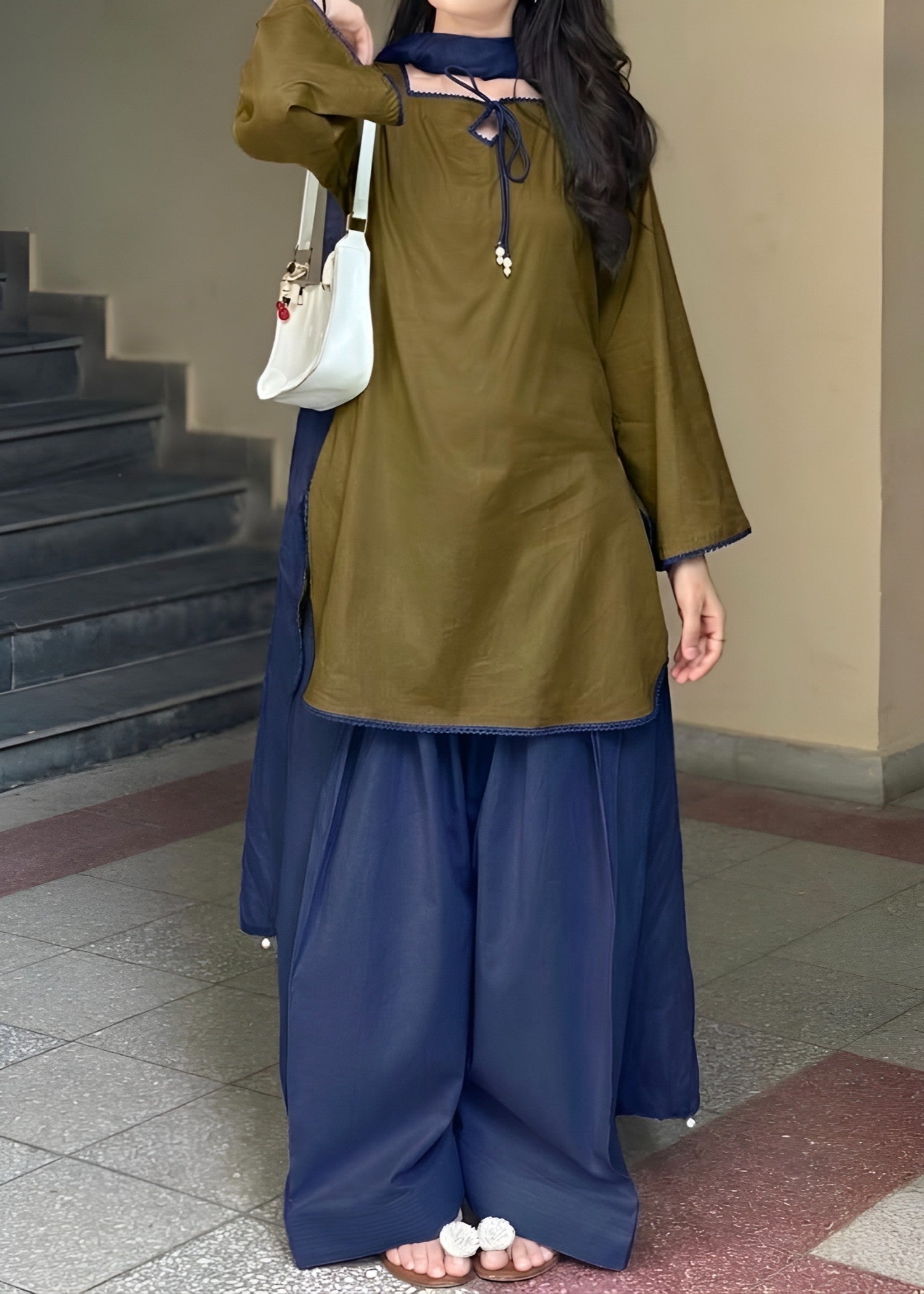 linen Kurta Set in Walnut brown, navy blue