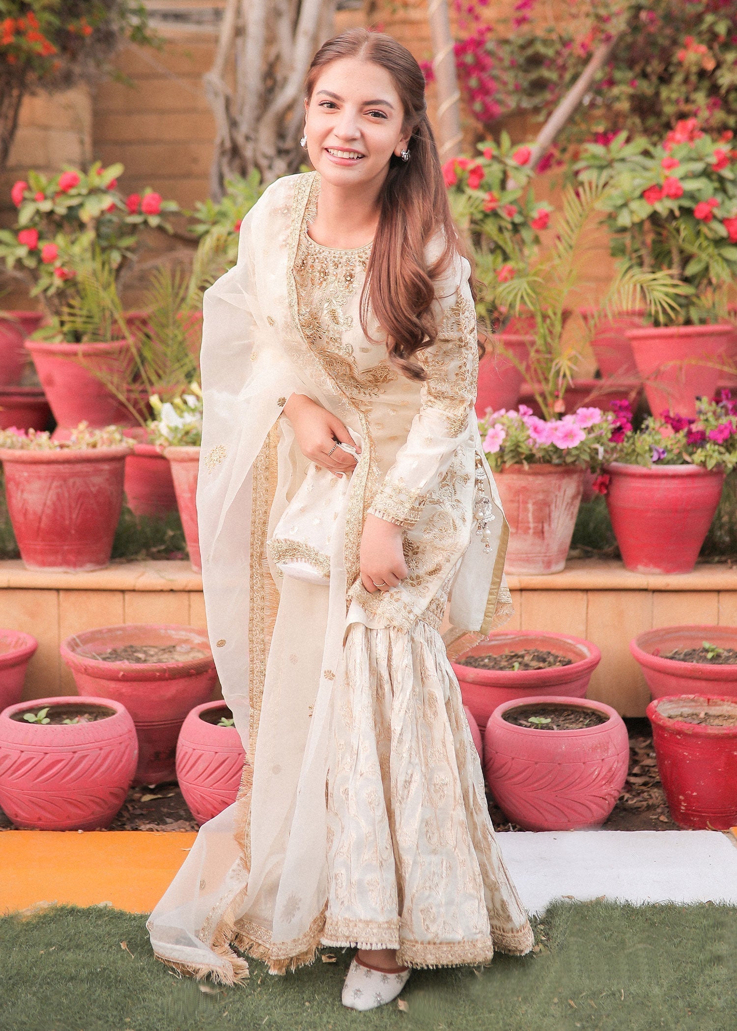 zari organza Gharara in White