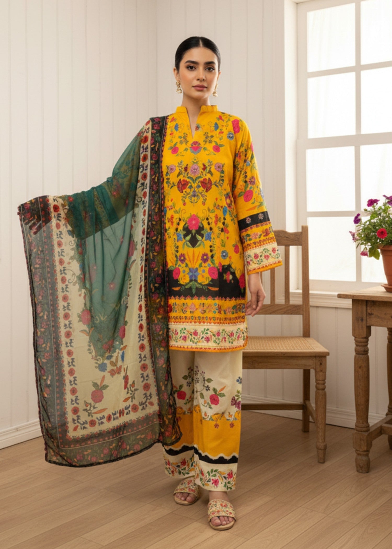 poly lawn Kurta Set in Saffron