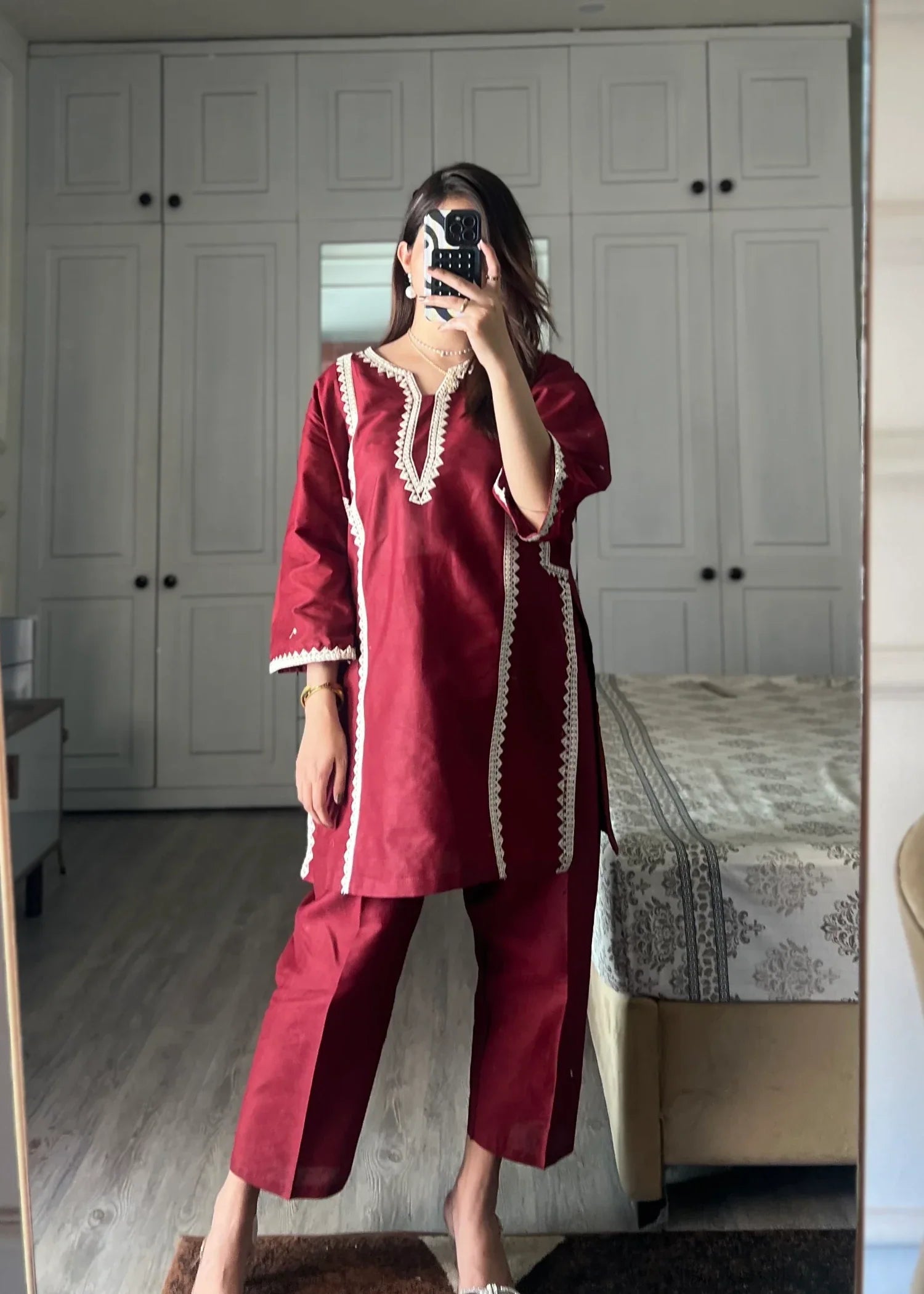 cotton linen Kurta Set in Blood red