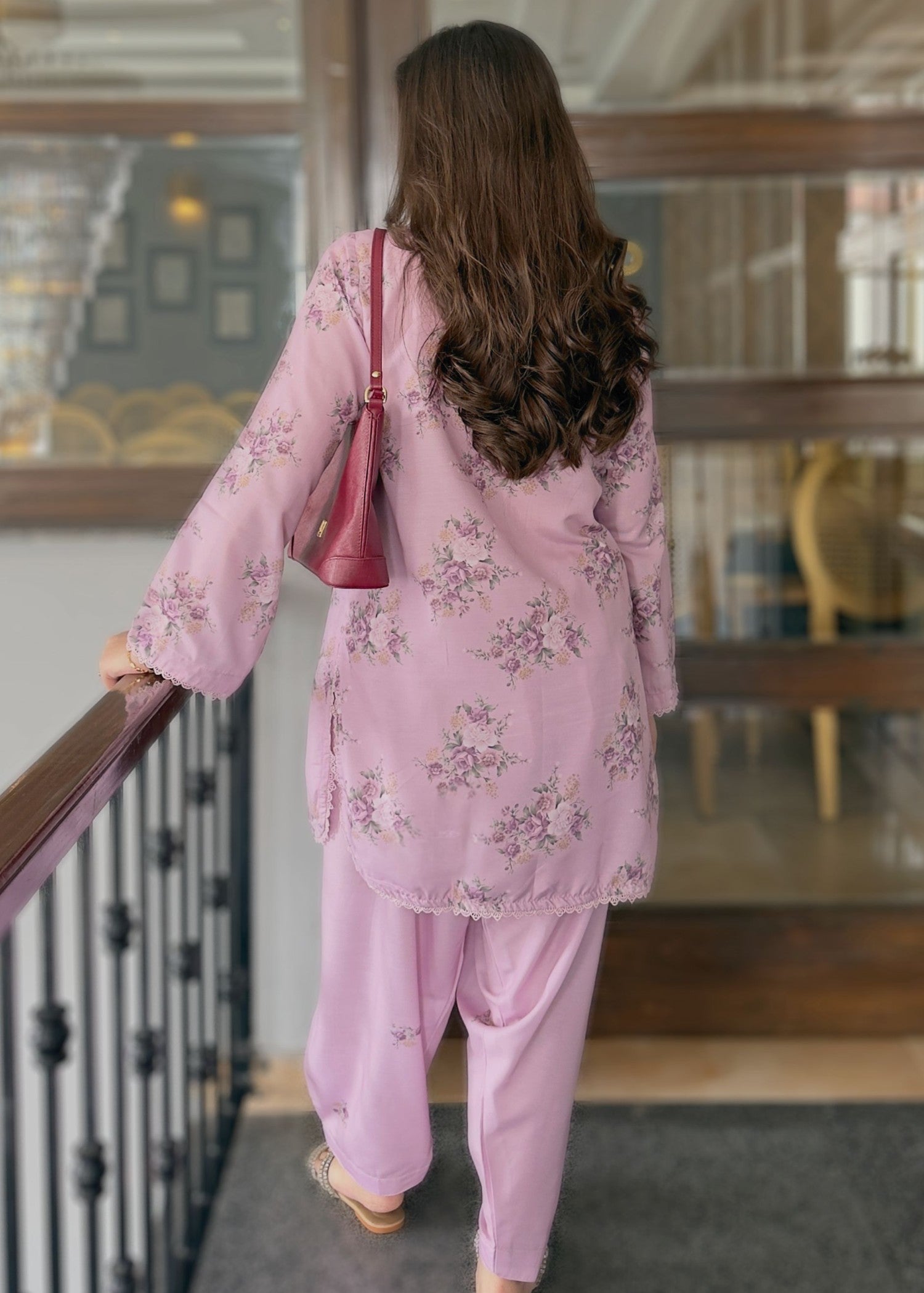 silk finish lawn Kurta Set in Mauve pink