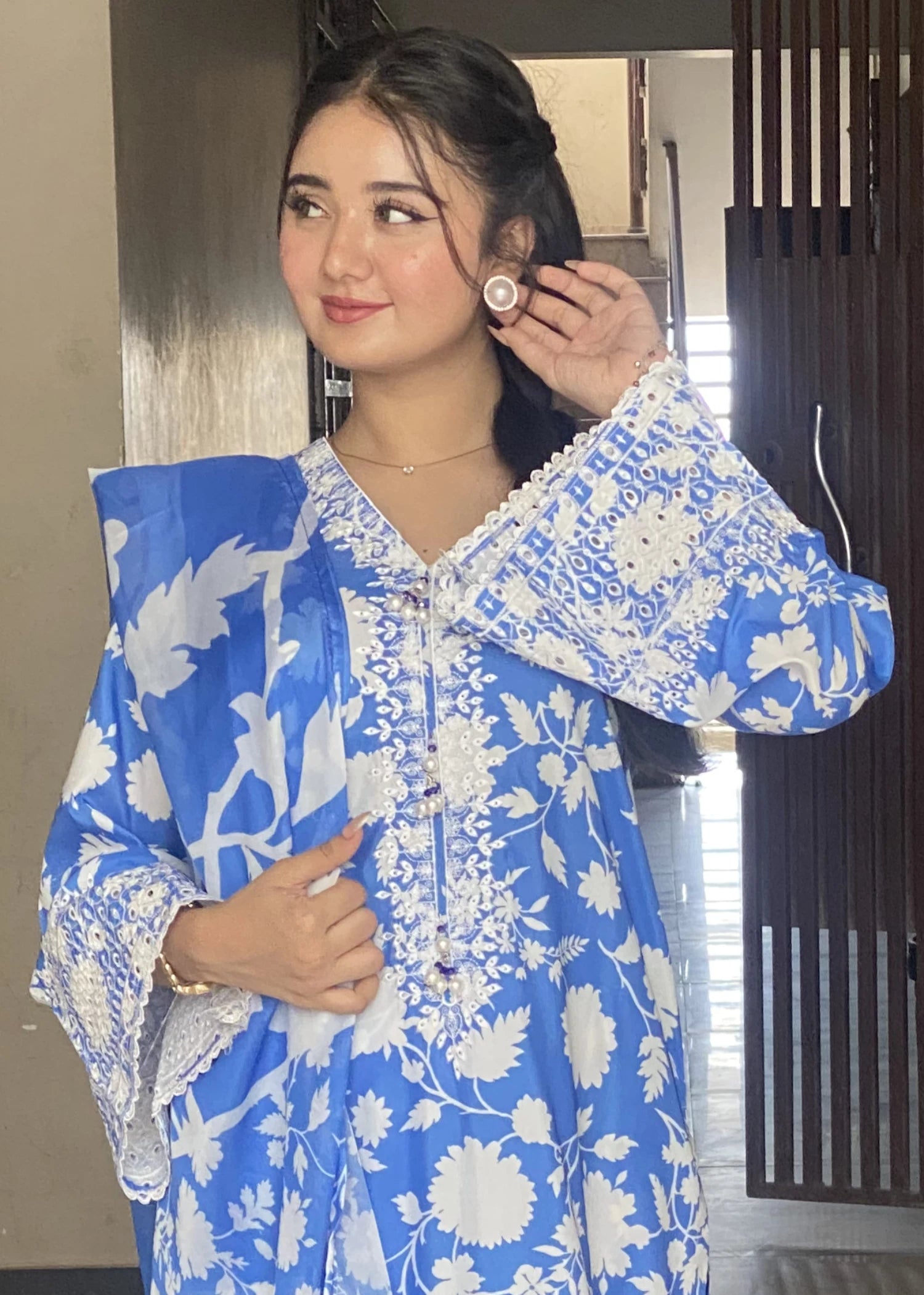 cotton silk Kurta Set in Cornflower blue