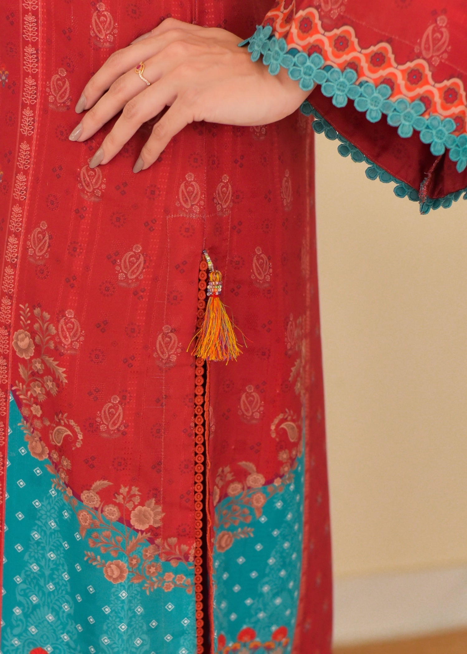 slub cambric Kurta Set in Red