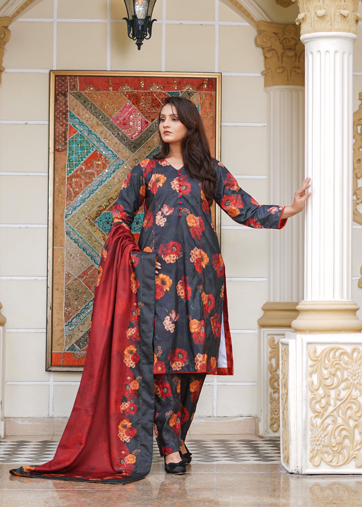 slub khaddar Kurta Set in Red, charcoal black