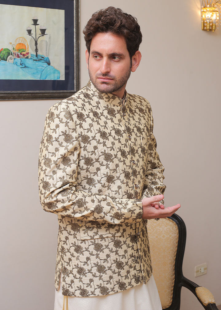 banarsi silk Prince Coat in Cream