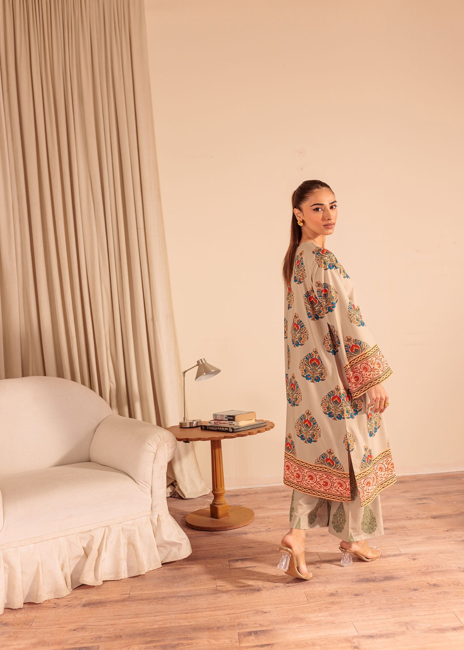 lawn Kurta Set in Tan brown