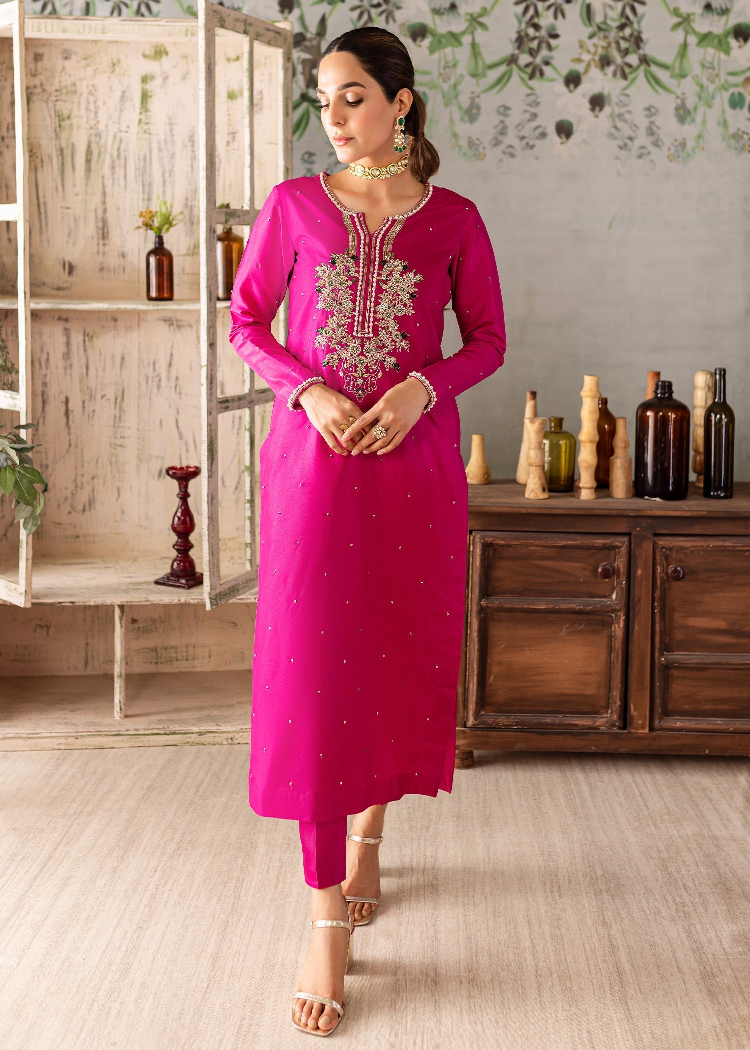 raw silk Kurta Set in Fuchsia