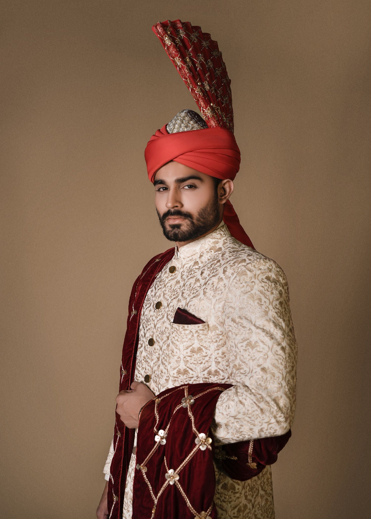 raw silk Sherwani in Cream